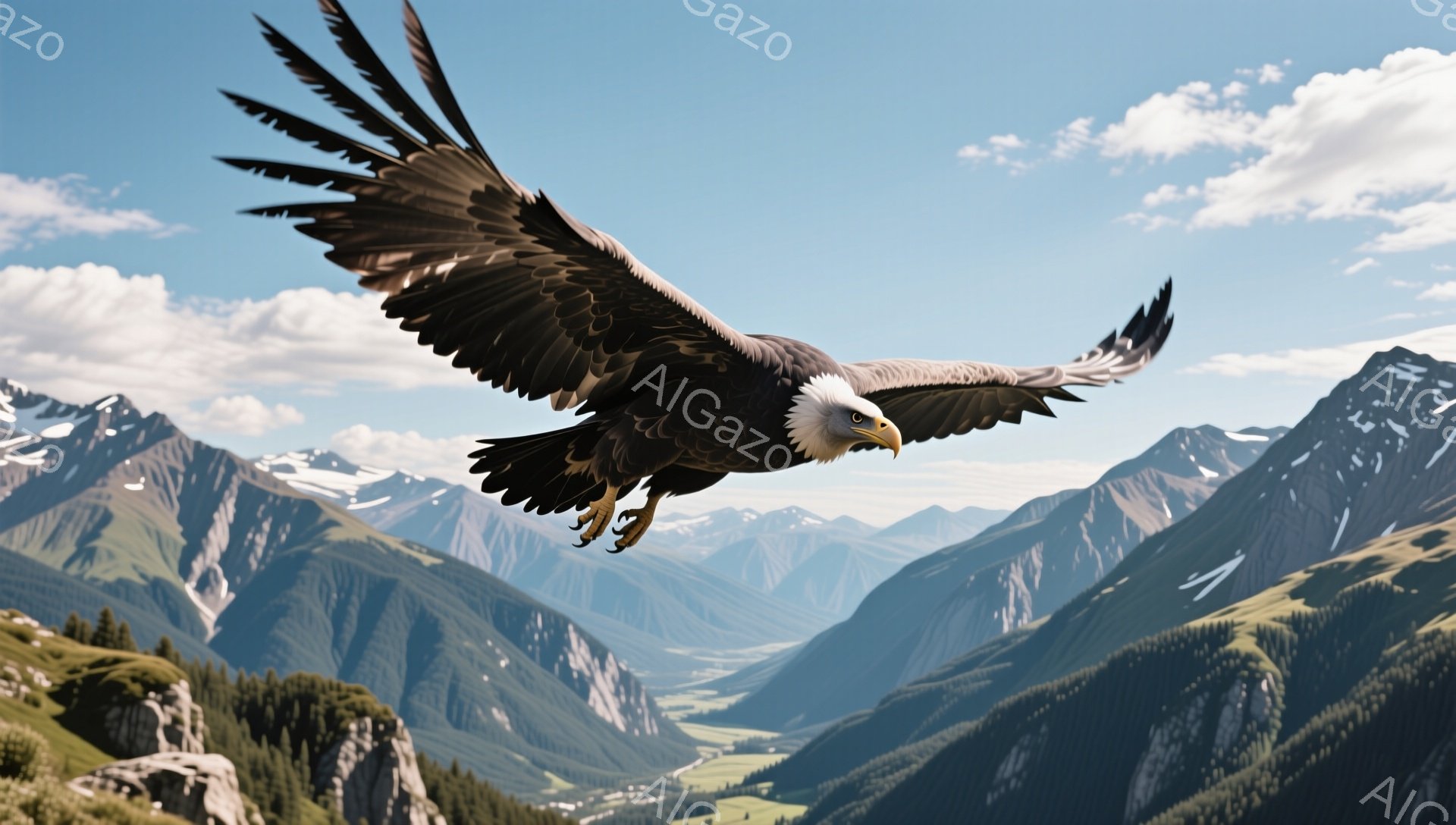 岩山を背景に、翼を広げたアメリカワシが力強く飛んでいる。鮮やかな青空と雪を抱く山々の景色が広がり、自然の壮大さを感じさせる。ワシの鋭い眼光と羽の質感は、息をのむほど美しい。