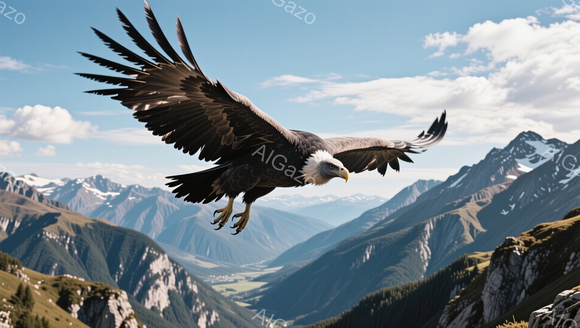 広大な山岳地帯の上空を、翼を広げた巨大なワシが飛び回っている。背景には雪を抱いた山々が連なり、深い渓谷と緑豊かな風景が広がる。鮮やかな青空と白い雲が、ワシの力強い姿を際立たせている。