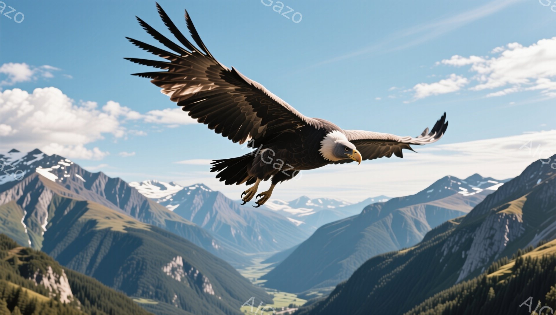 広大な山岳地帯を背景に、翼を広げたワシが力強く飛翔している。太陽の光を浴びて、ワシの羽毛のディテールが鮮明に捉えられ、自然の雄大さを表現している。緑豊かな山々と青空が、ワシの飛行をより一層引き立てている。