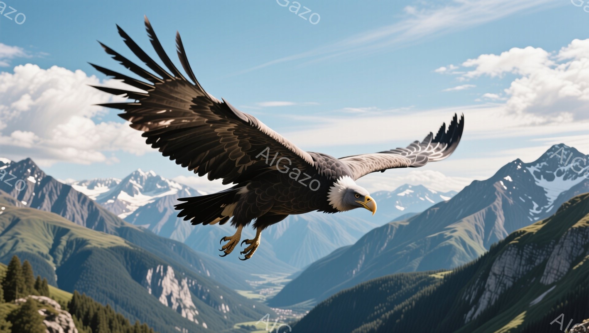 雄大な山々を背景に、翼を広げたワシが空を飛んでいる。緑豊かな谷と雪を頂いた山々のコントラストが印象的で、自然の力強さと自由を感じさせる。空には白い雲が浮かび、爽やかな空気感が伝わってくる。 - AI生成フリー素材