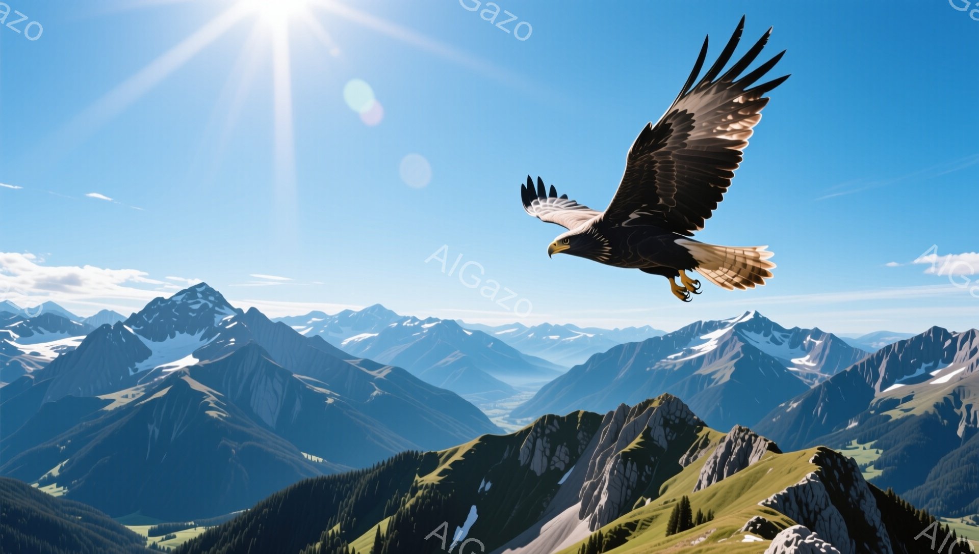 雄大な山々の風景の中に、翼を広げた巨大なワシが飛んでいる。日差しが強く、背景の山々が青く輝き、自然の力強さと静けさを感じさせる。山々は緑と雪に覆われ、壮大な景色を作り出している。