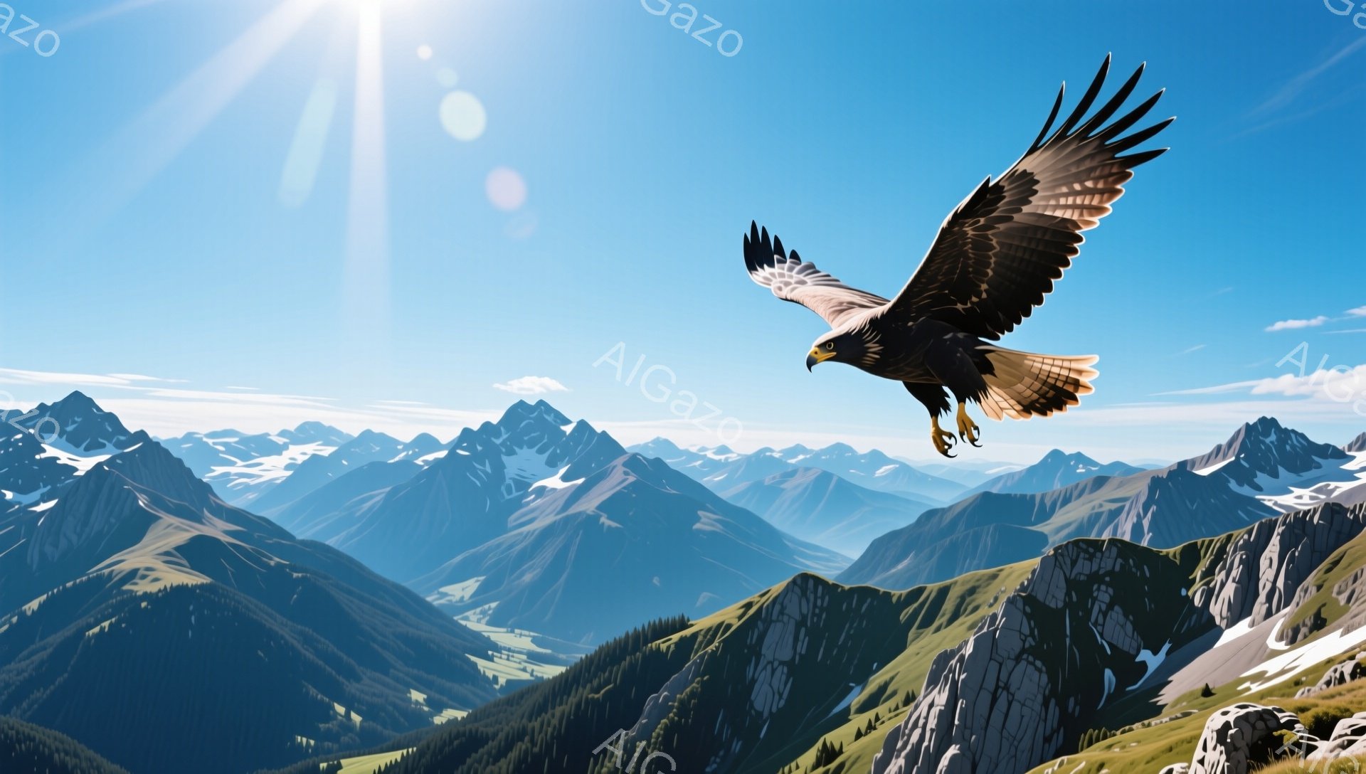 雄大な山々を背景に、翼を広げたワシが飛んでいる。太陽の光が降り注ぎ、自然の力強さと静けさが感じられる。雪を抱いた山々と緑豊かな谷が、美しい景観を作り出している。 - AI生成フリー素材
