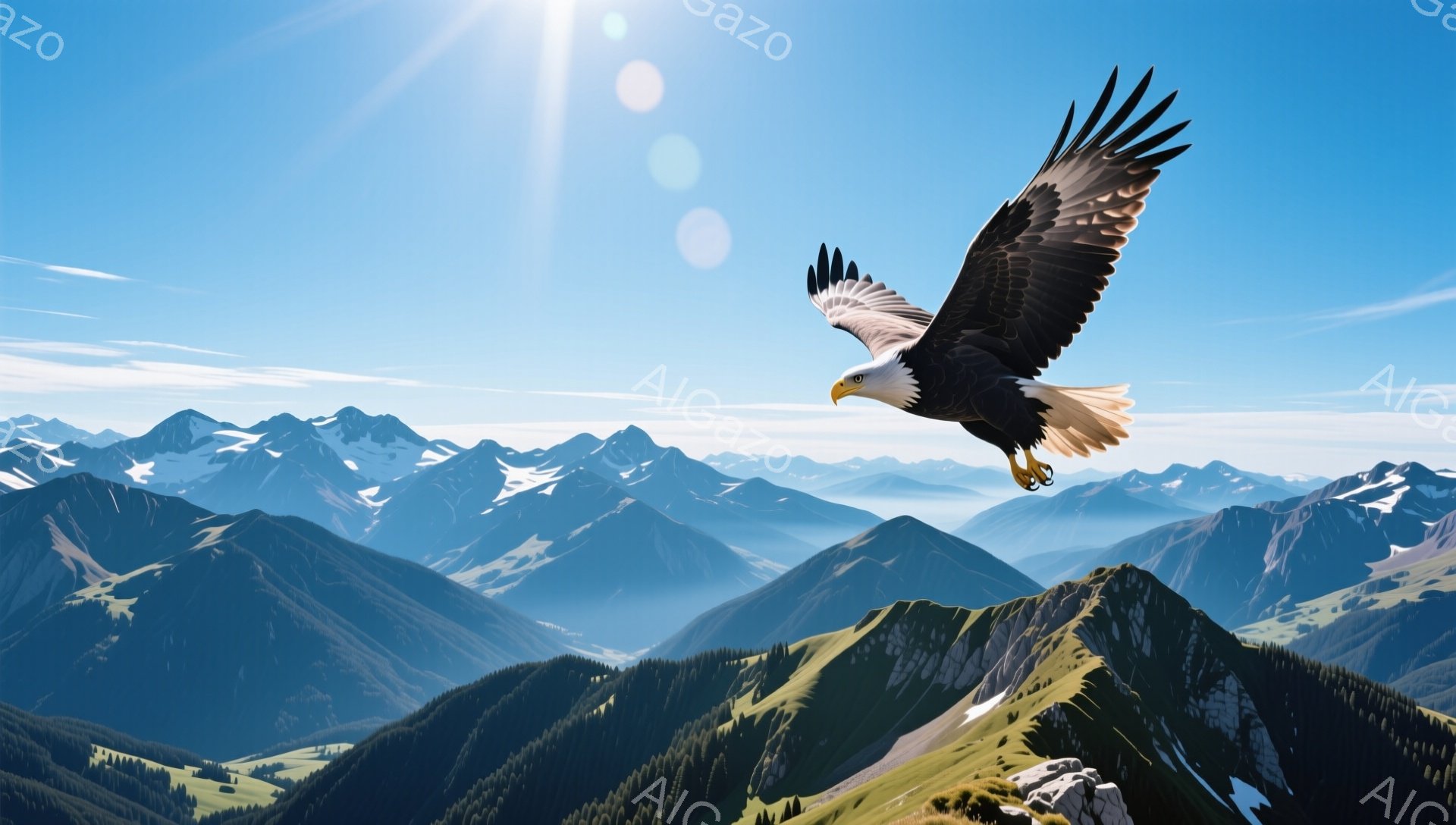 広大な山岳地帯の上を、翼を広げた白頭ハゲワシが力強く飛翔している。青い空と緑の山々、そして遠くに見える雪山とのコントラストが美しい。力強い自然の息吹を感じさせる、壮大な風景だ。 - AI生成フリー素材