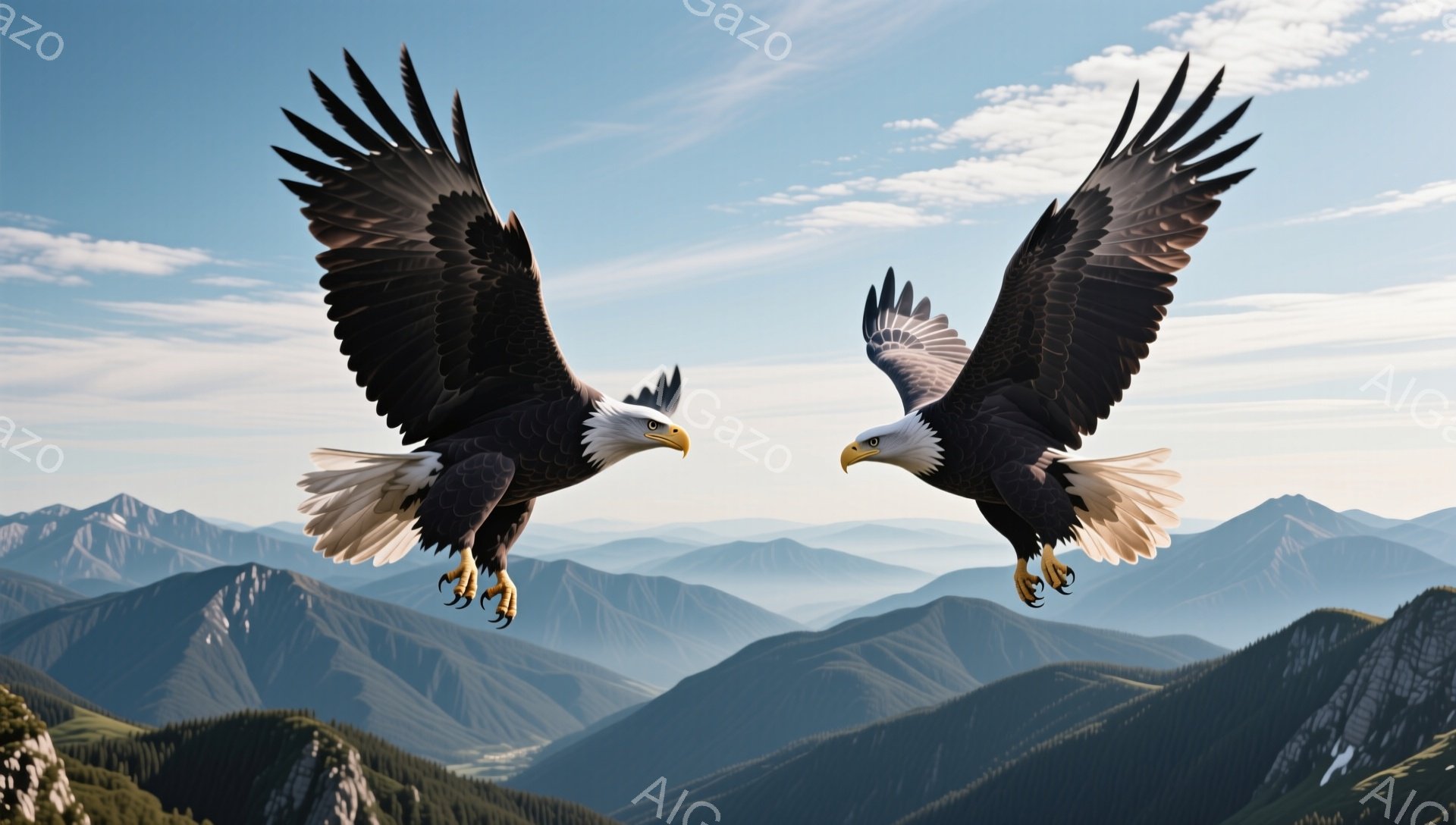 二羽のハクトウワシが、緑豊かな山の風景を背景に、翼を広げて空中で対峙している。翼の鮮明なディテールと、周囲の山々の壮大な景色が印象的だ。晴れた空と雄大な自然が、力強さと自由を感じさせる。 - AI生成フリー素材