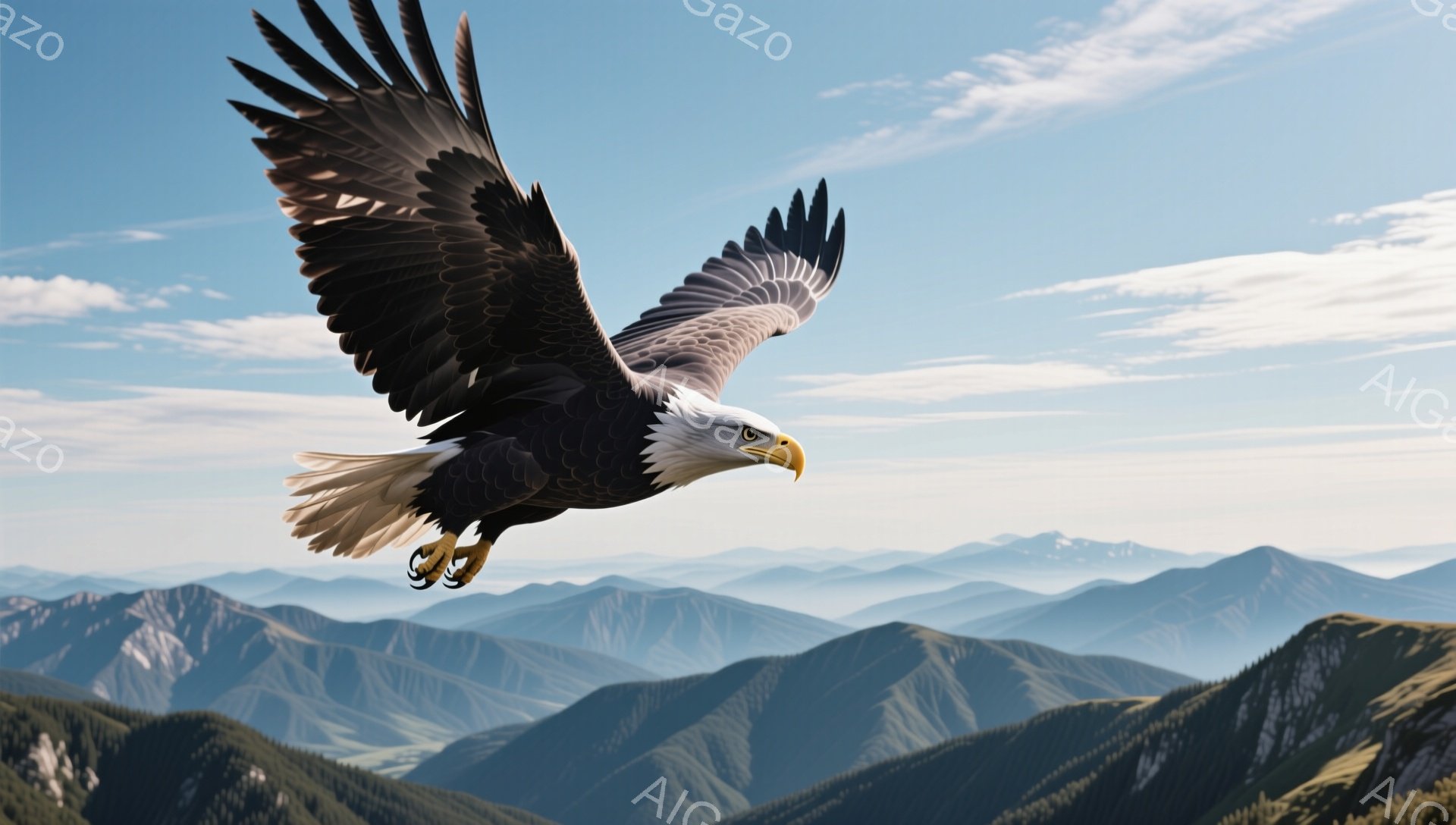 広大な山々の風景を背景に、巨大な猛禽類が翼を広げて飛んでいる。その姿は力強く、雄大で、自然の偉大さを感じさせる。青空と山々の緑、そして鳥のコントラストが印象的だ。 - AI生成フリー素材
