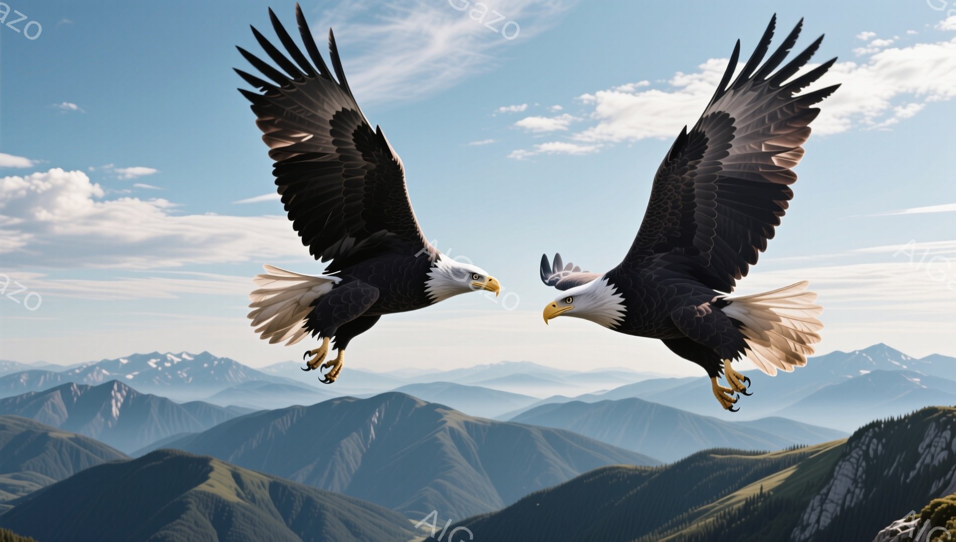 二羽のハクトウワシが、雪を抱く山々を背景に、翼を広げて対峙している。空は青く、雲が浮かび、雄大な自然の風景が広がり、力強い鳥たちの姿が印象的だ。