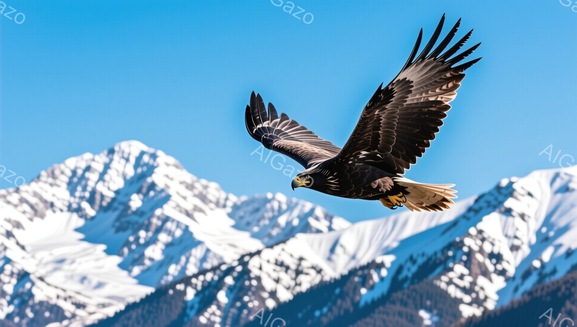 雄大な山々の背景に、翼を広げたワシが飛んでいる。鮮やかな青空とのコントラストが印象的で、ワシの力強い姿が際立つ。雪を抱いた山々と、空を舞うワシの組み合わせが、大自然の雄大さを感じさせる。 - AI生成フリー素材