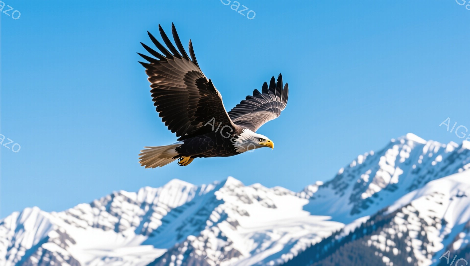 白い雪山を背景に、翼を広げたハクトウワシが力強く空を飛んでいる。鮮やかな青空と白い雪山のコントラストが印象的で、ワシの鋭い眼差しが視線を捉える。自然の力強さと美しさを感じる一枚だ。