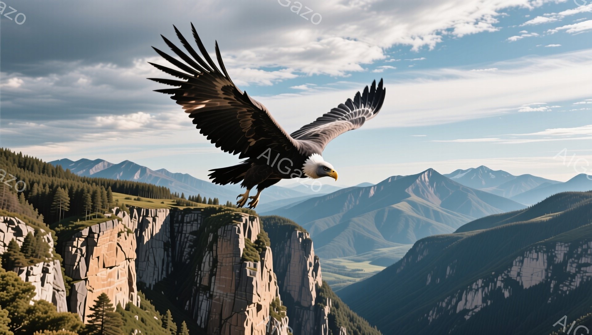 岩場に羽を広げたアメリカワシが写っています。背景には緑の森林と雪を頂く山々が連なり、青空の下、雄大な自然を感じさせます。ワシの力強い姿は、自由と希望を象徴しているようです。