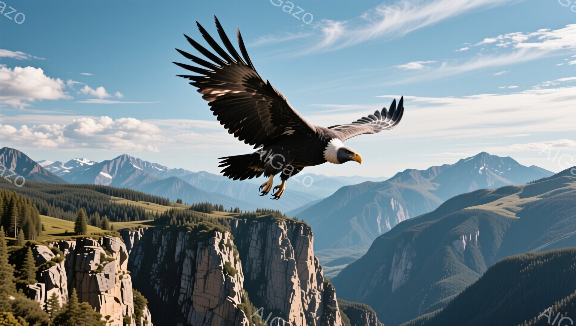 青空の下、切り立った崖の上を巨大なワシが力強く舞っている。背景には緑豊かな山々と遠くに見える雪を抱いた山々が広がり、雄大な自然の風景が描かれている。ワシの翼は大きく広げられ、その姿は自由と力強さを象徴 - AI生成フリー素材