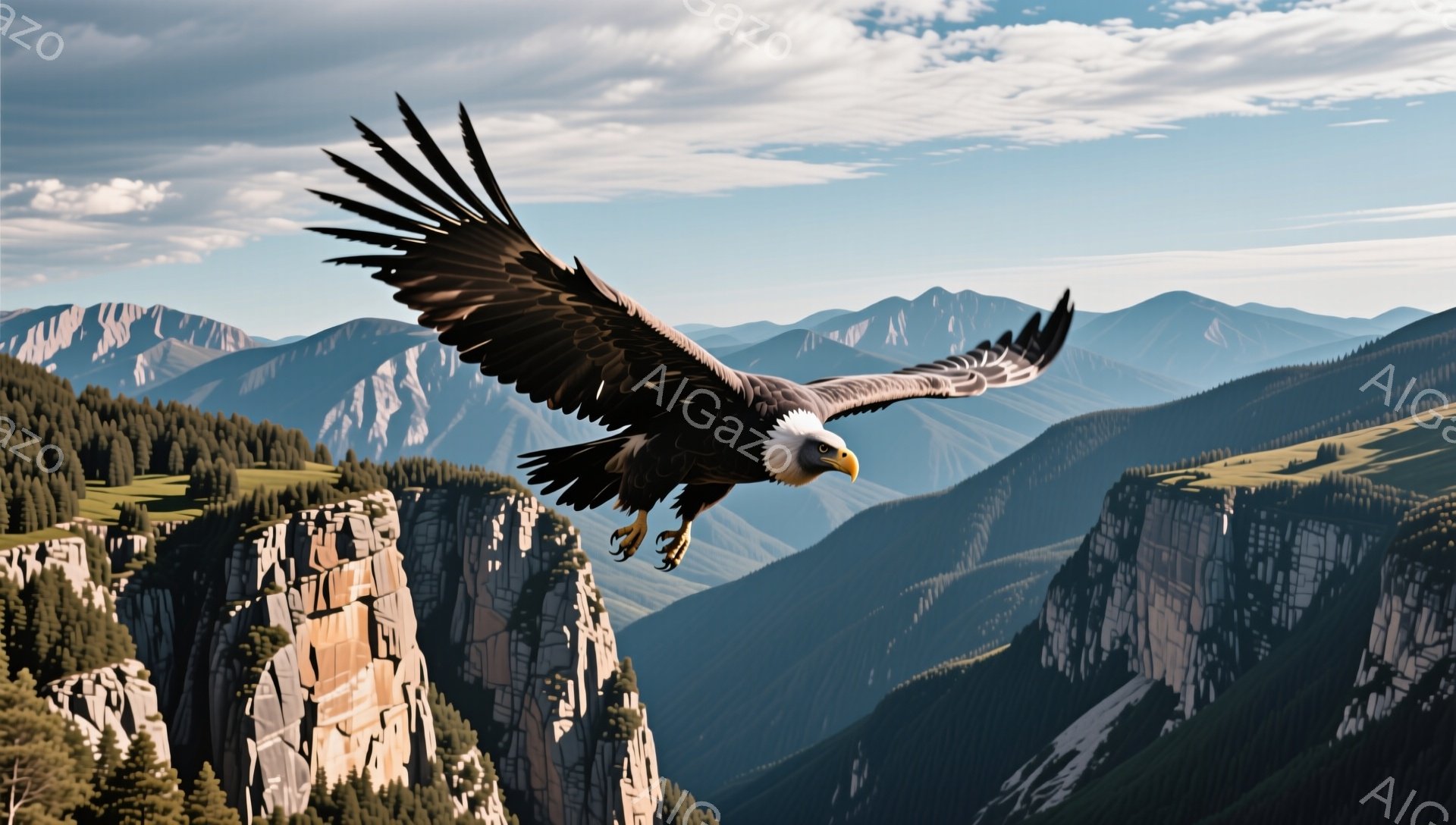 巨大な鷲が険しい山々の空を力強く舞っている。山肌は緑の植生と岩肌が混在し、奥行きのある山並みが背景に広がり、雄大で自然豊かな風景が広がっている。青空と白い雲がその壮大な光景をさらに引き立てている。 - AI生成フリー素材