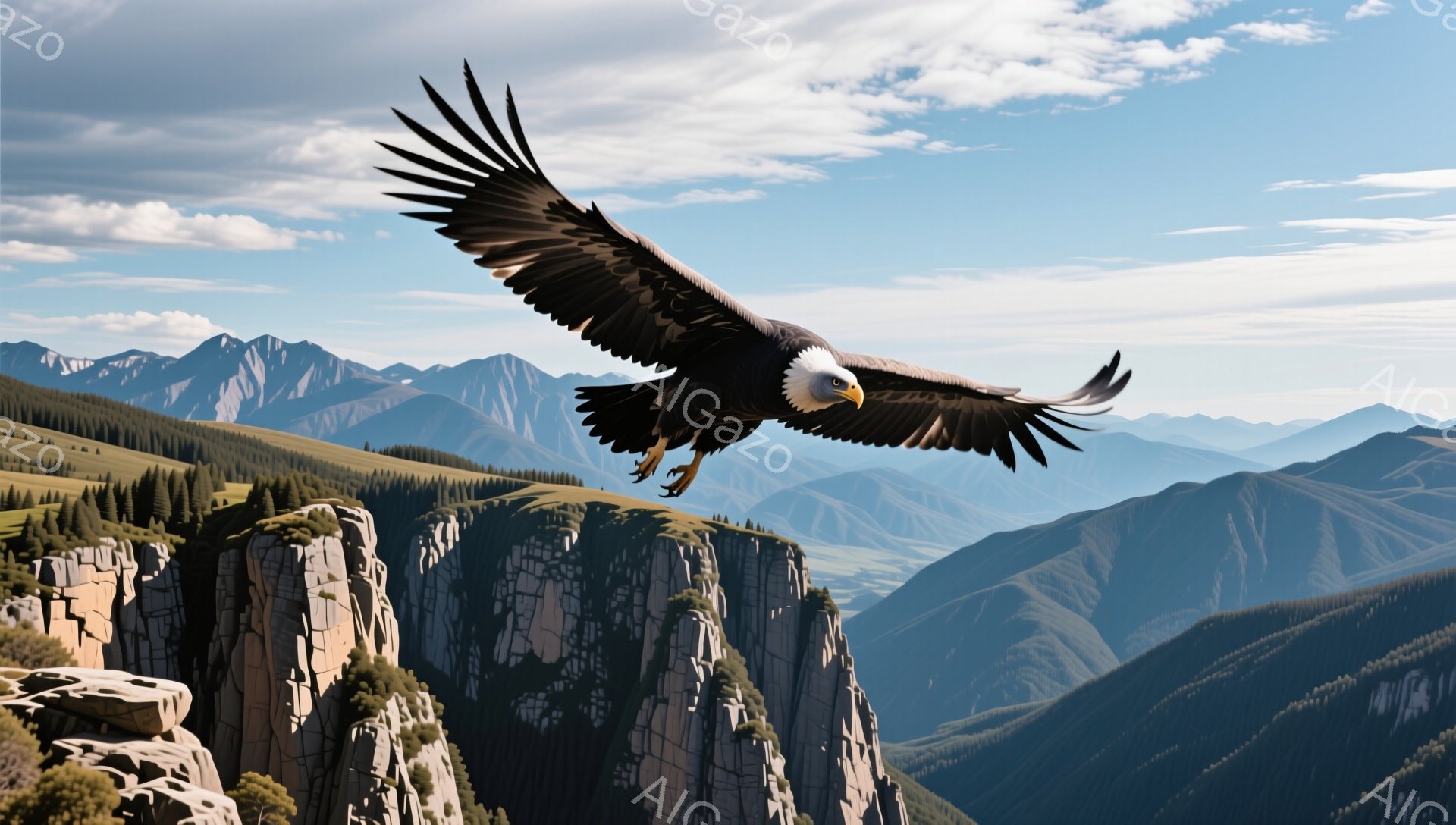 険しい岩山を背景に、翼を大きく広げたハクトウワシが飛び込んでいる。青空と緑豊かな山々が広がり、力強い鳥の姿が印象的だ。空気が澄み切ったような、自然の雄大さを感じさせる一枚である。