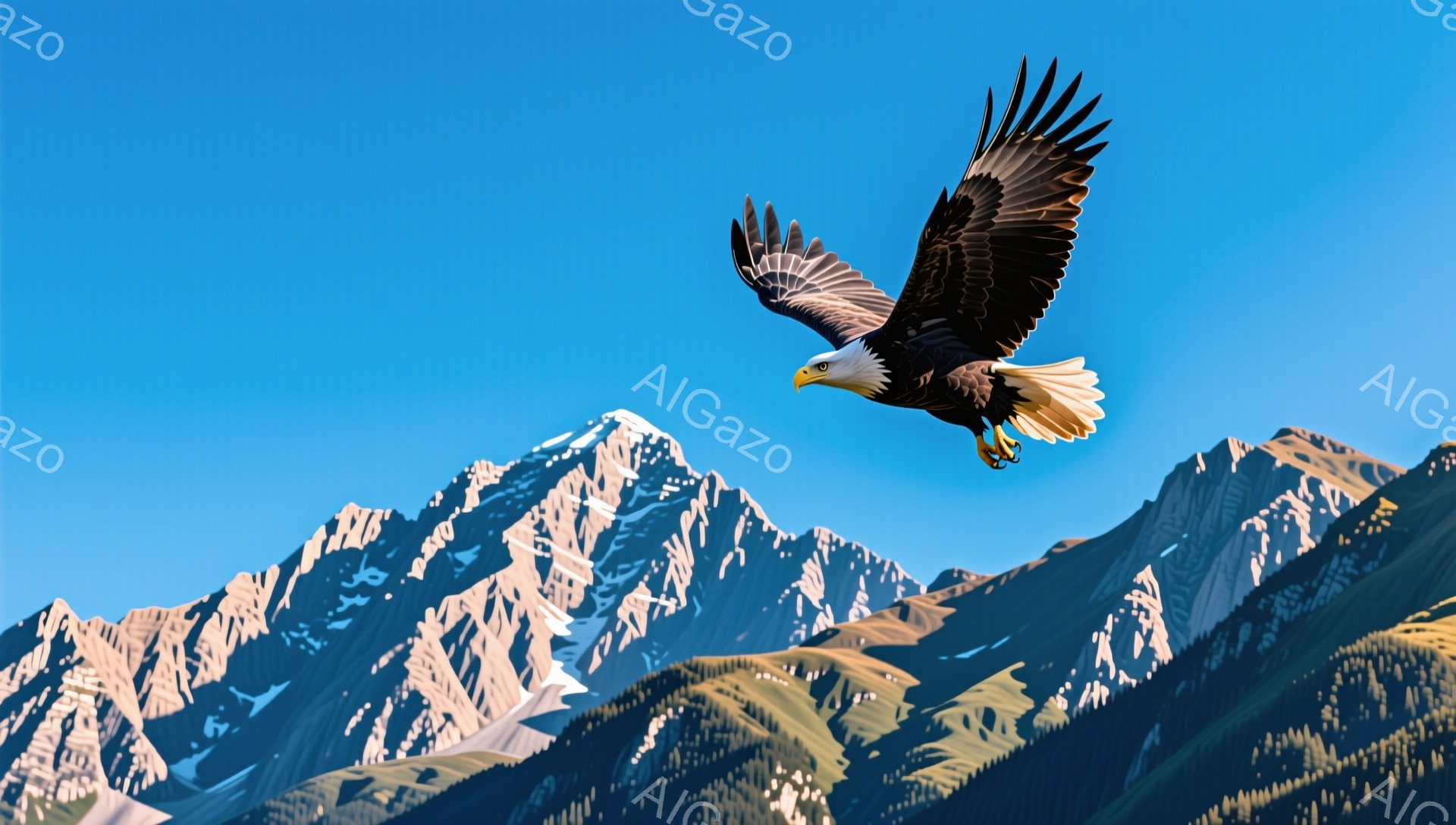 広大な山々の背景に、翼を広げたハゲワシが飛んでいる。空は鮮やかな青色で、雪を頂いた山々は壮大さを際立たせている。力強い翼と鋭い眼光が、自然の厳しさと自由を象徴している。 - AI生成フリー素材