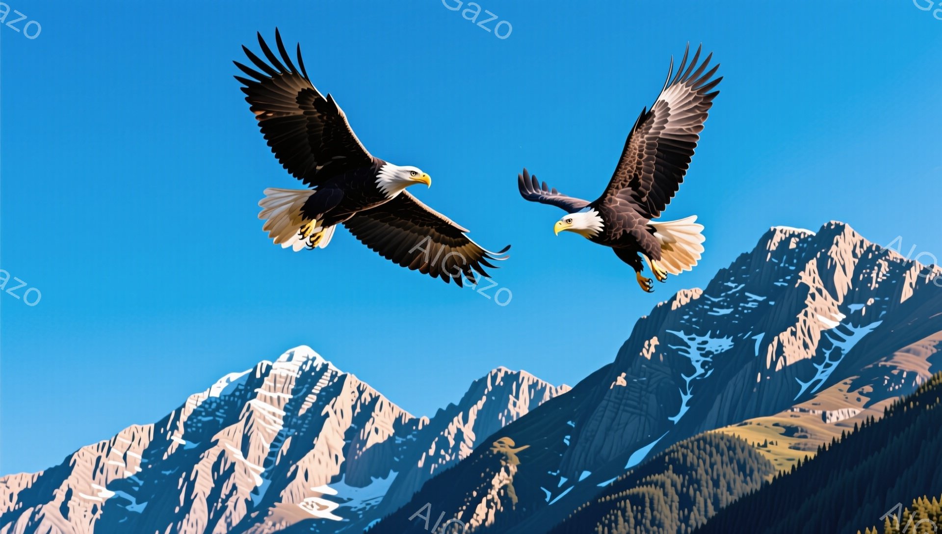 澄んだ青空を背景に、二羽の白頭鷲が翼を広げて飛んでいる。雪を抱いた山々が遠くに見え、雄大な自然の風景が広がっている。力強い翼の動きが、自由と希望を感じさせる。