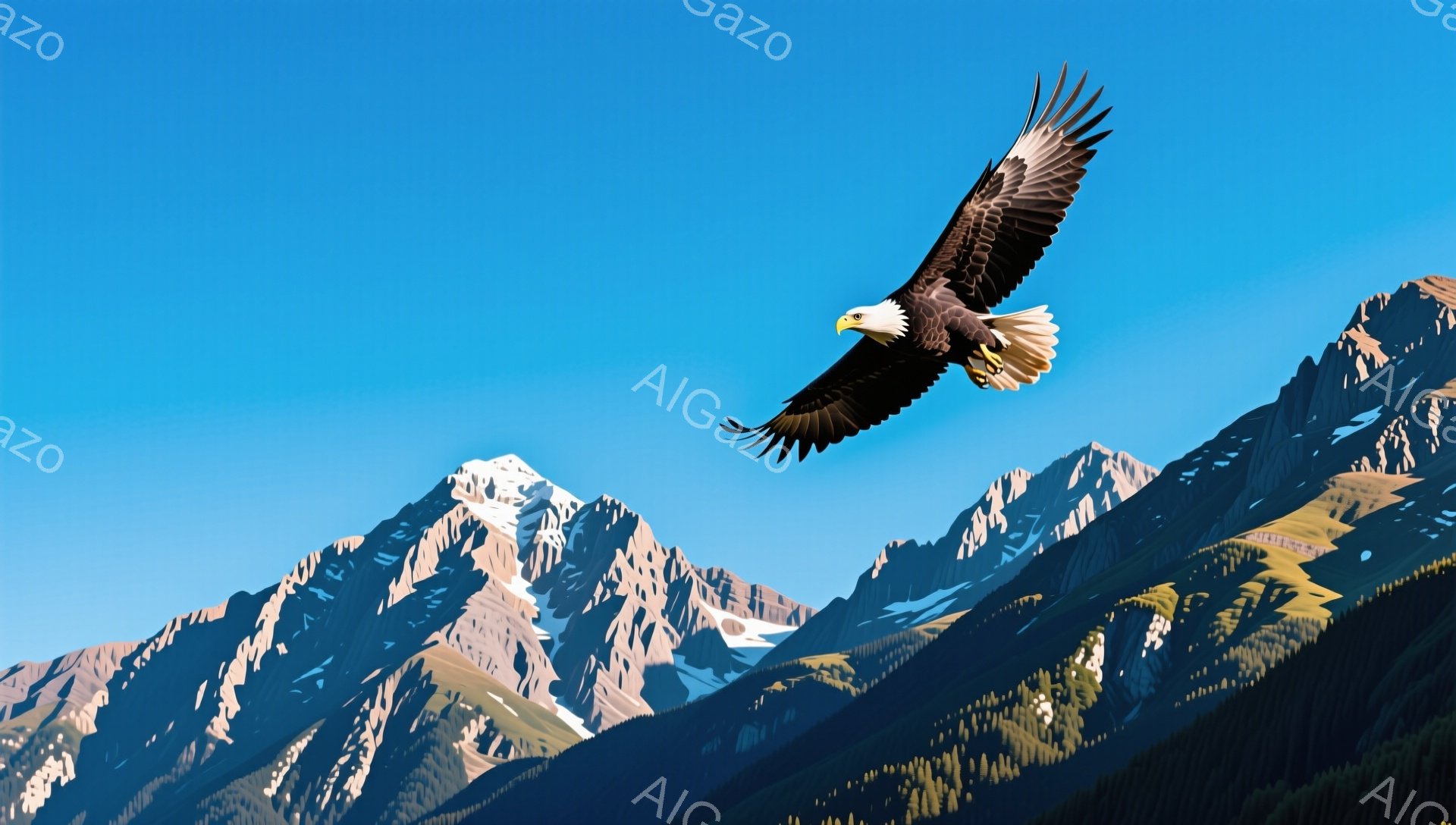 空高く舞うアメリカワシが印象的な風景です。雪を頂いた山々が背景に広がり、自然の雄大さを感じさせます。鮮やかな青空とのコントラストが、ワシの力強い姿をより際立たせています。