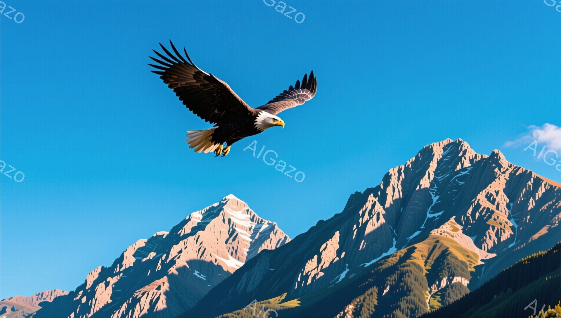 青空を背景に、巨大な山々が連なり、その上をワシが力強く羽ばたいている。雪を抱いた山頂は太陽の光を反射し、ワシの滑らかな飛行とのコントラストが美しい。力強さと自由を感じさせる、壮大な自然の風景だ。