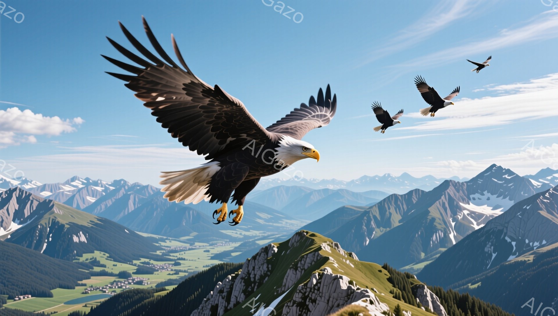 険しい山々と緑豊かな谷を背景に、2羽の白頭鷲が力強く空を舞っている。鷲は翼を大きく広げ、鮮やかな青空と雪を抱く山々の壮大な景色の中を滑空している。全体的に、力強さ、自由、そして自然の美しさを感じさせる風景写真である。