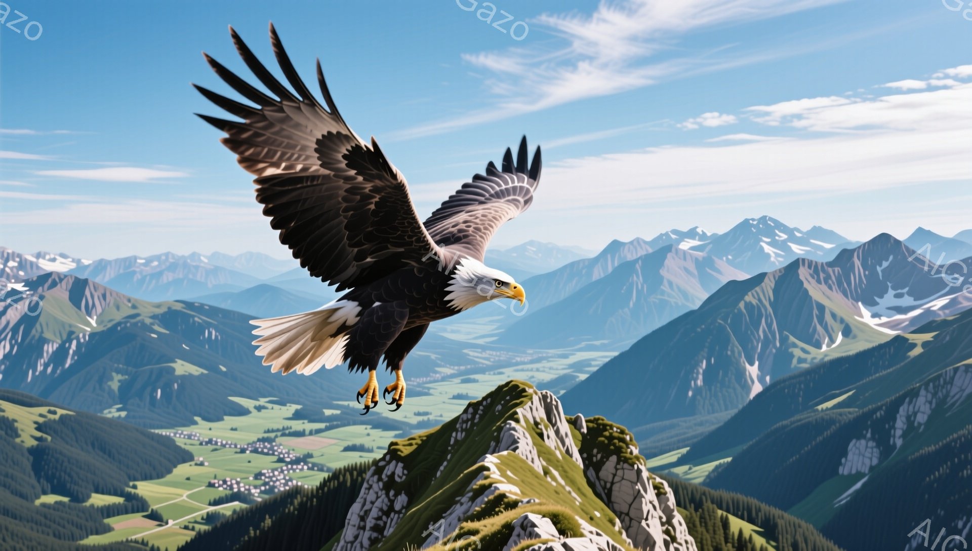 白頭海鷹が険しい山の頂上に舞い降りる瞬間を捉えた写真です。背景には緑豊かな山々が広がり、雲海が広がる壮大な景色が広がっています。力強い翼を広げた姿は、自由と力強さを象徴しているようです。