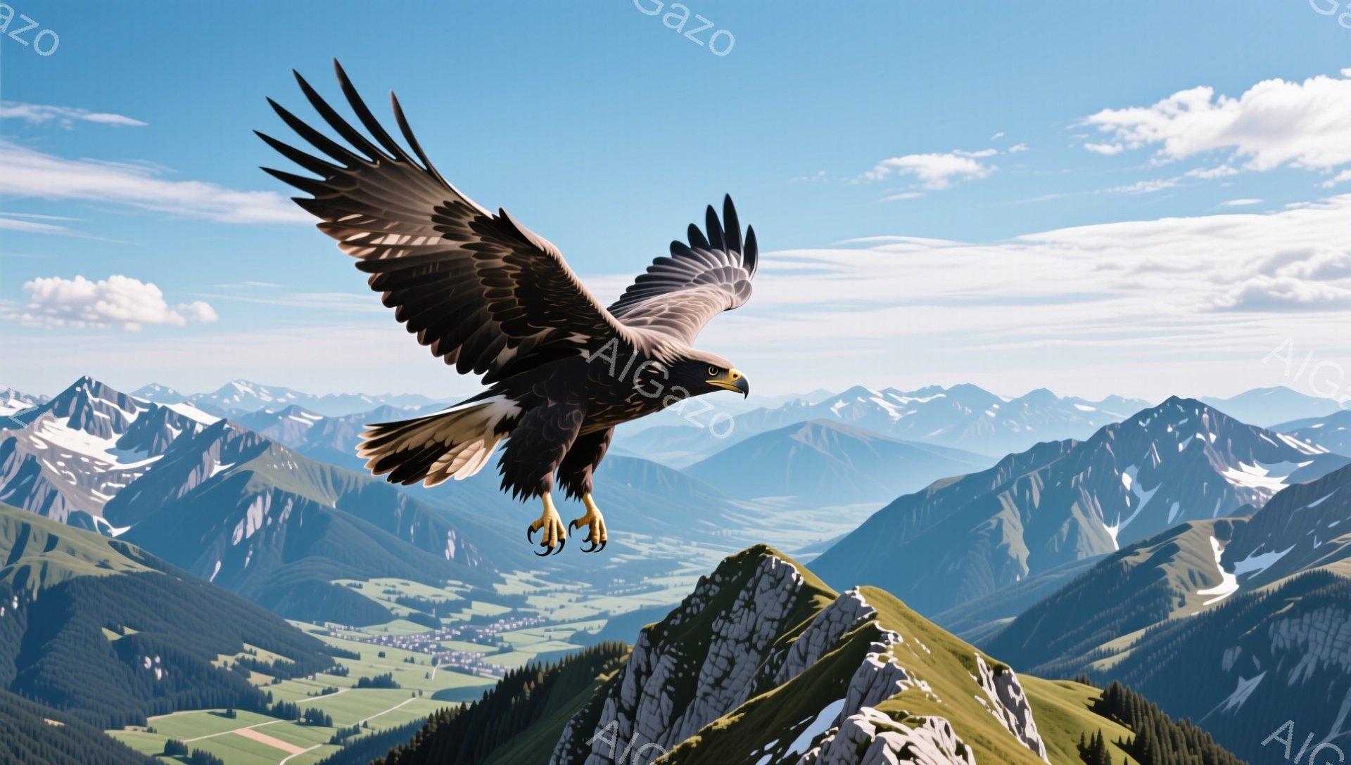 空高く舞い上がる巨大な鷲が、山頂に降り立つ瞬間を捉えた写真です。周囲には緑豊かな山々と、遠くに見える集落が広がっており、雄大な自然を感じさせます。力強く羽ばたく姿は、自由と希望を象徴しているかのようで - AI生成フリー素材