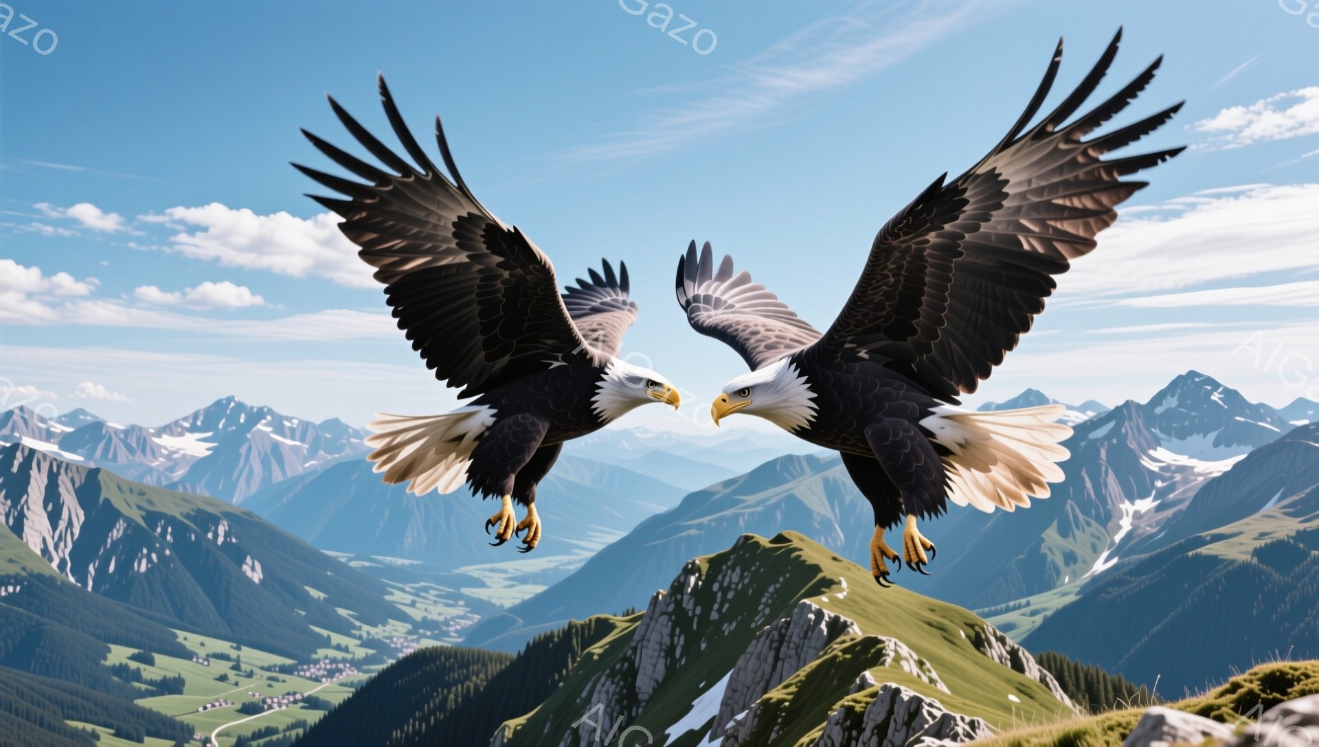 険しい山頂に2羽のハゲワシが翼を広げ、互いに向かい合っています。背景には緑豊かな山々と白い雲が広がり、雄大な自然の風景が広がっています。力強く、そしてどこか威圧的な雰囲気が漂っています。 - AI生成フリー素材