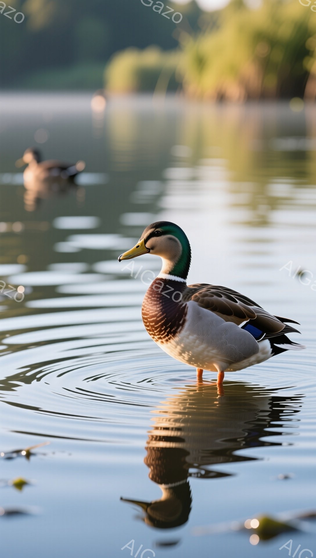 光が差し込む穏やかな水面に、アヒルが浮かんでいる。鮮やかな緑色の頭と、茶色と白の羽が特徴的で、水面に波紋を作りながら優雅に佇んでいる。遠くには他のアヒルも見え、静かで平和な風景が広がっている。 - AI生成フリー素材