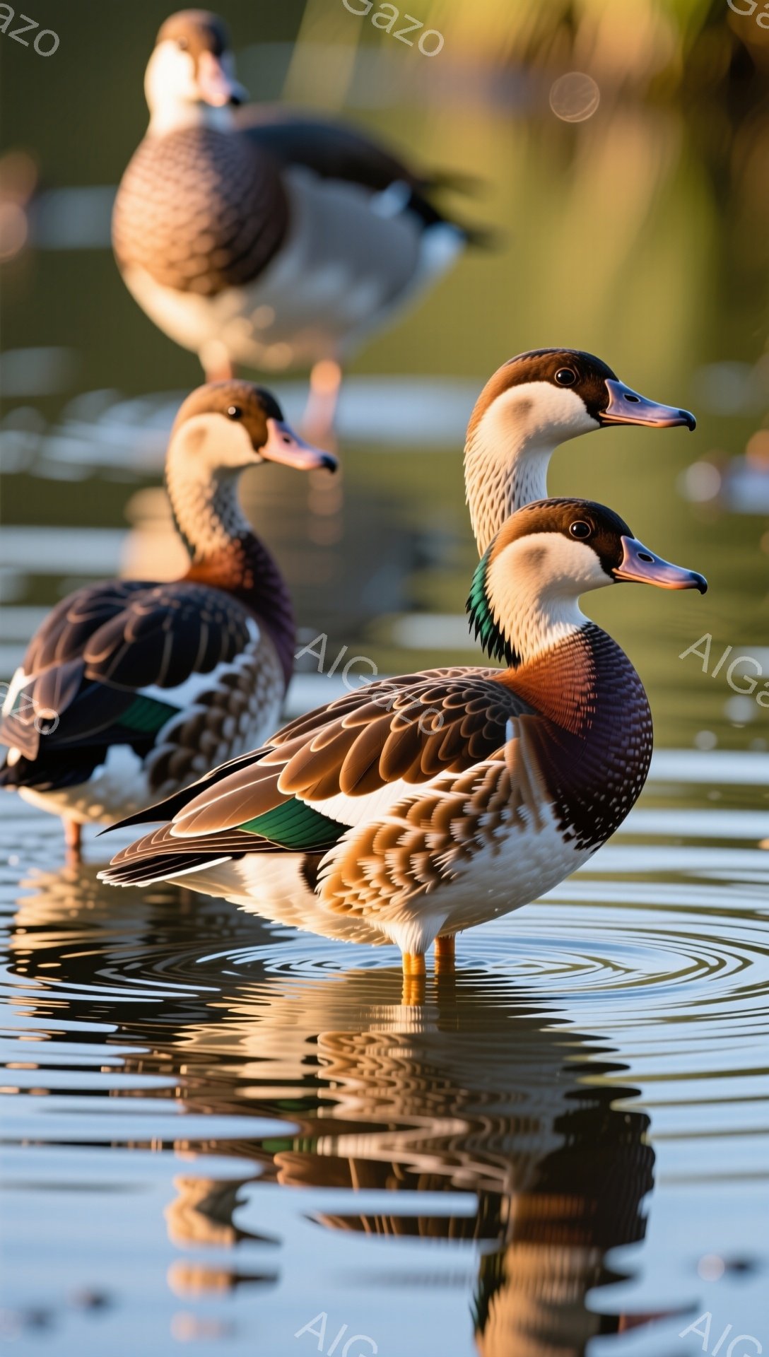 アヒルが水面を静かに漂っている。羽は茶色と白の美しい模様で、水面に反射してキラキラと輝いている。穏やかな雰囲気で、自然の美しさを感じさせる写真だ。 - AI生成フリー素材