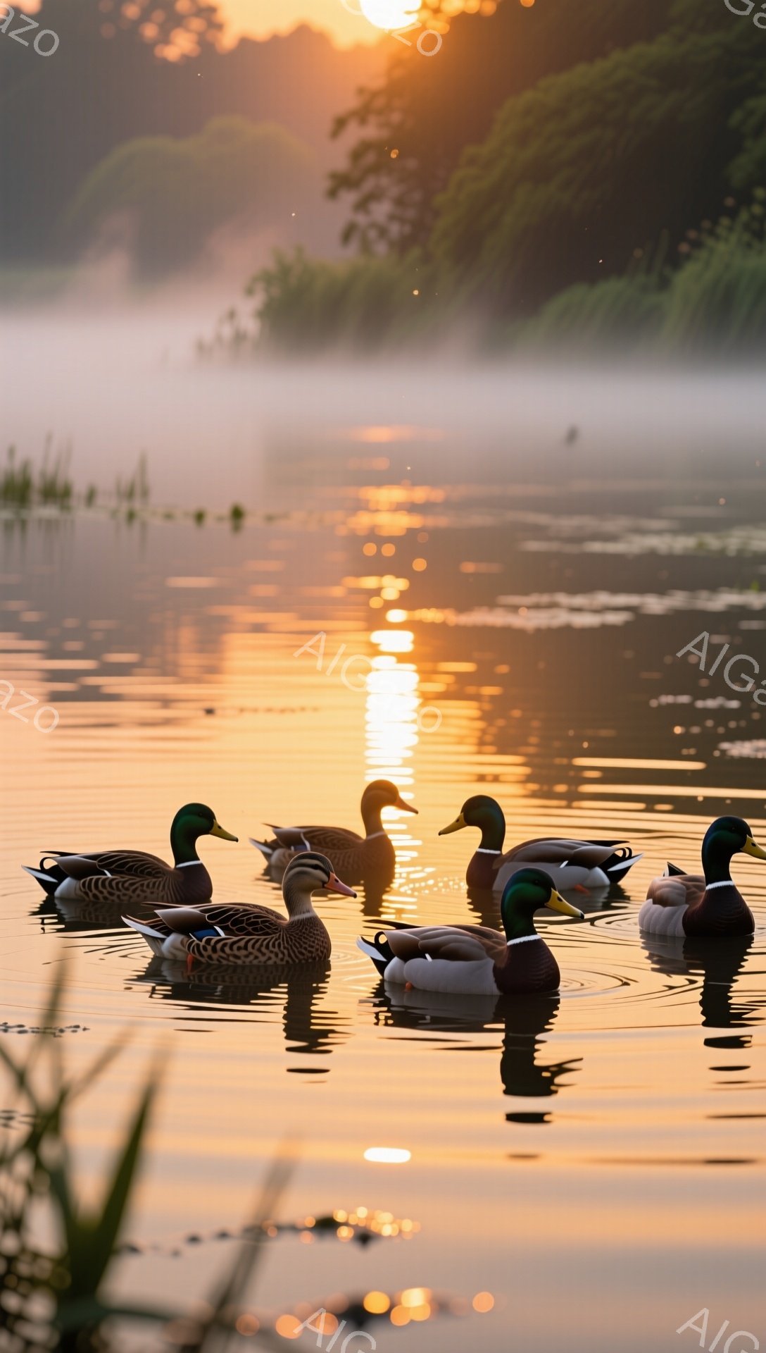 静かな湖面をアヒルたちが泳いでいる。夕焼けが湖面に反射し、水面は金色に輝いている。朝霧が立ち込め、幻想的な雰囲気を醸し出している。 - AI生成フリー素材