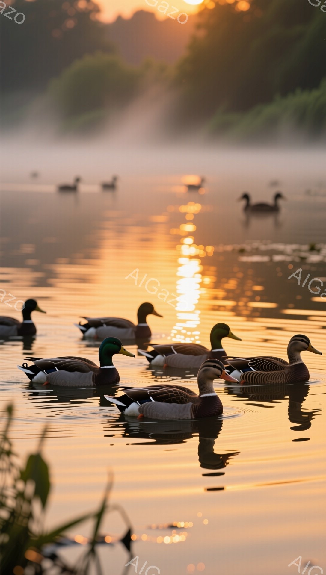 静かな湖面をアヒルたちが泳いでいる。朝焼けの光が水面に反射し、金色に輝いている。穏やかな雰囲気で、自然の美しさを感じさせる。