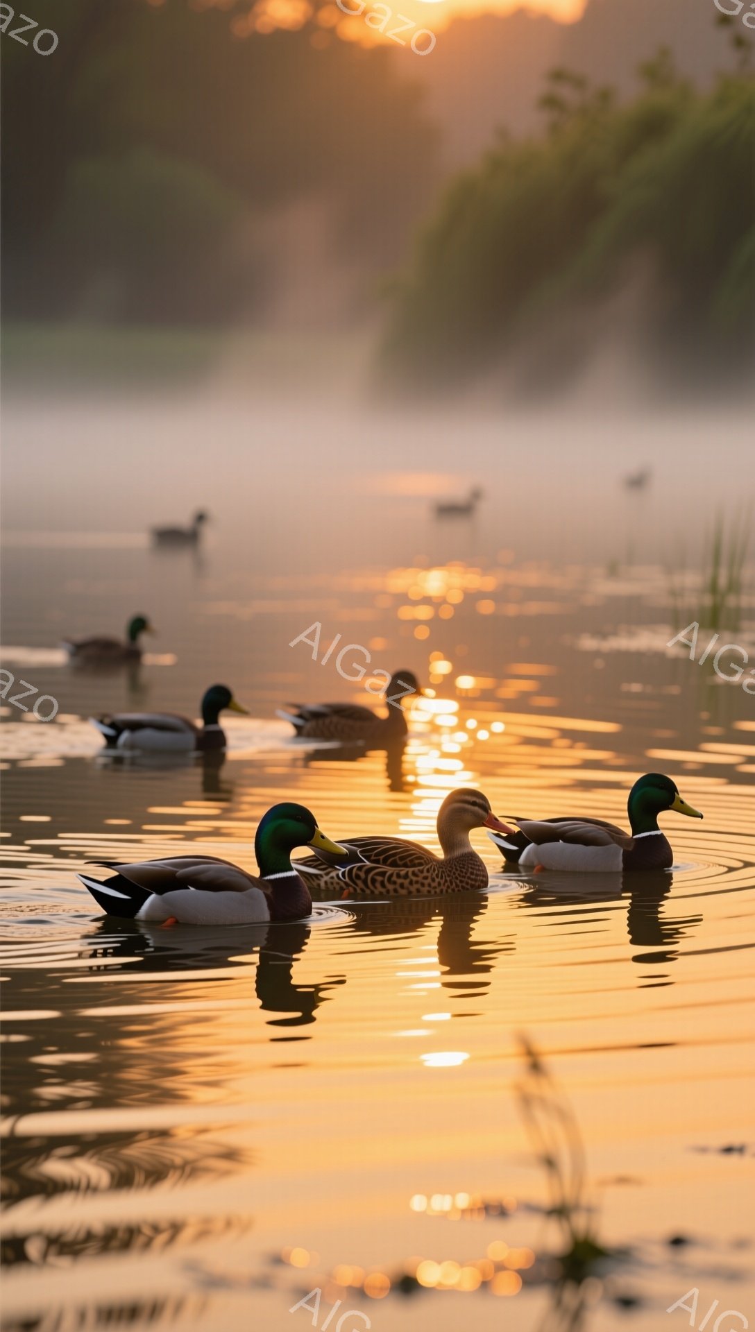 静かな湖面をアヒルたちが優雅に泳いでいる。朝日の光が水面に反射し、幻想的なオレンジ色の輝きを放っている。霧が立ち込め、穏やかで平和な雰囲気が漂っている。