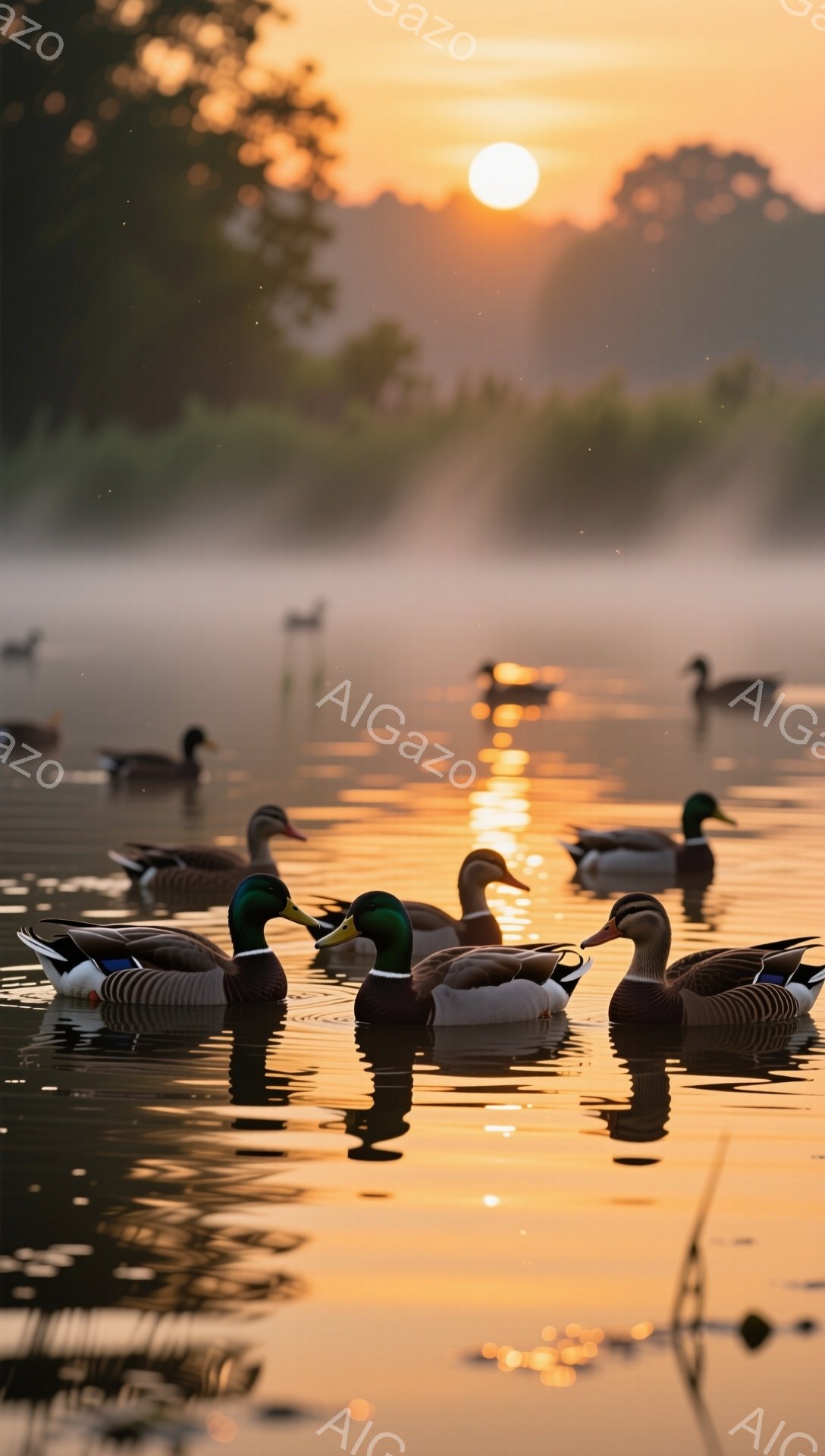 静かな湖面をカモたちがゆったりと泳いでいる。朝日が湖面を золотой色に染め上げ、霧が立ち込める幻想的な風景を作り出している。穏やかで平和な雰囲気が漂う。