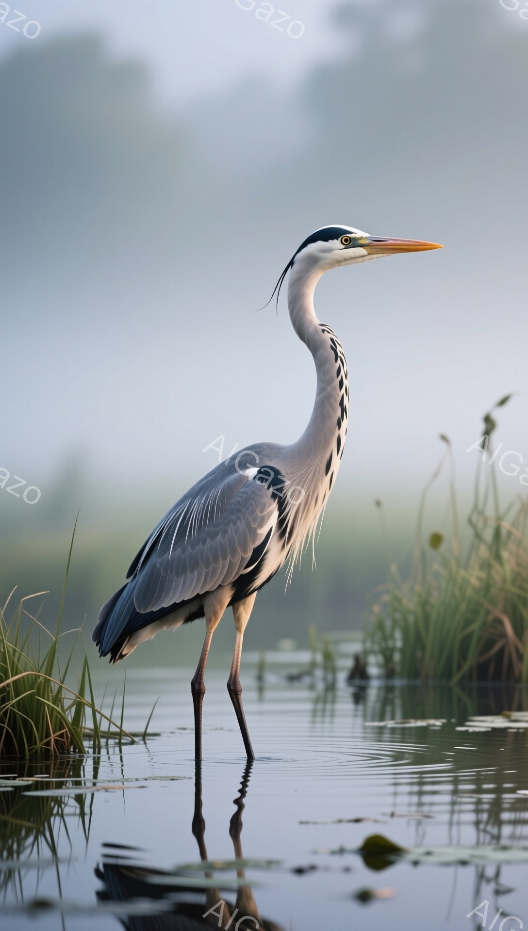 アマサギが静かな水面に立ち、片足でバランスを取りながら周囲を警戒している。水面にはその姿が美しく映り込み、周囲の草木と霧が穏やかな雰囲気を醸し出している。朝もやの中で、自然の優雅さと静けさを感じさせる光景だ。