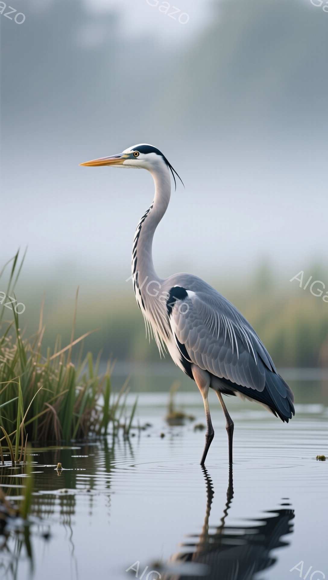 浅い水の中に一羽のサギが立っている。灰色の羽を持ち、長く黄色い嘴が特徴的だ。水面にはその姿が映り込み、背景は穏やかな霞みに包まれて静寂な雰囲気を醸し出している。