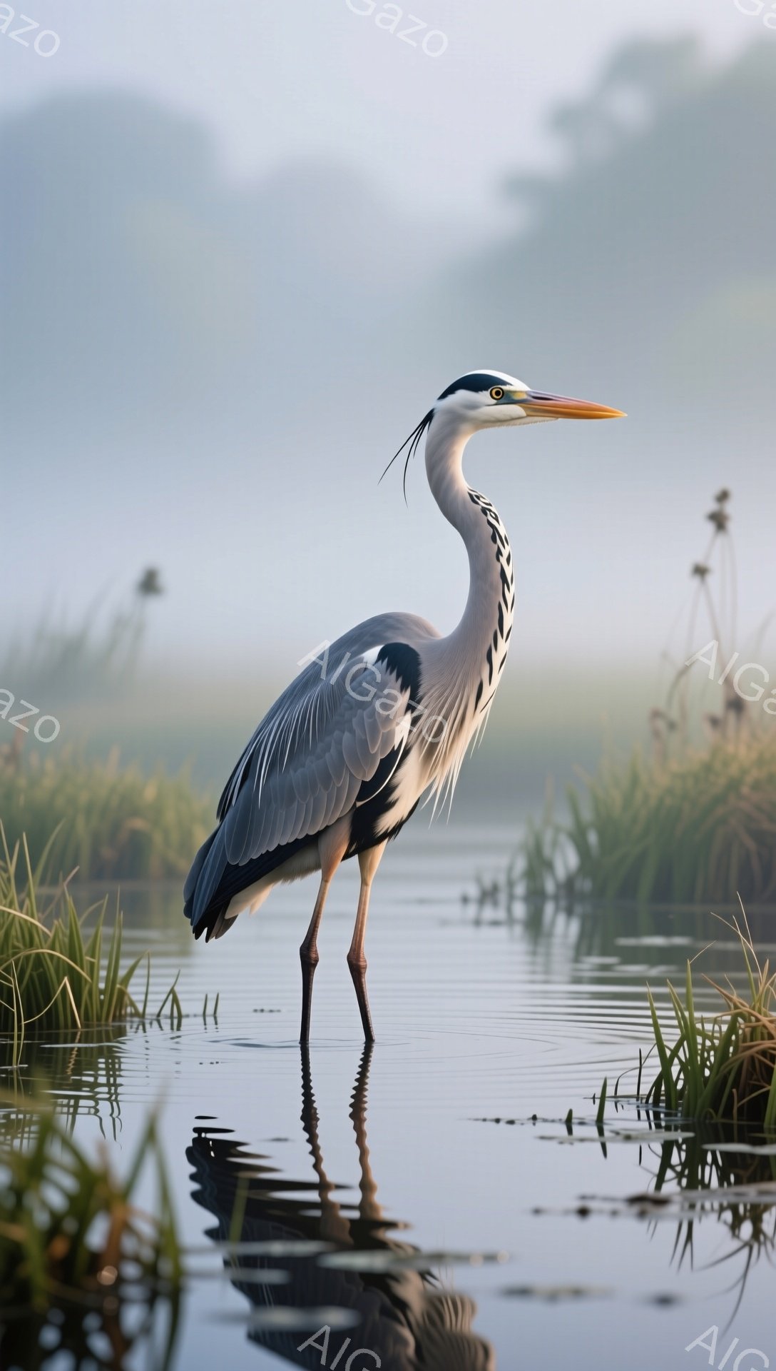 浅い水の中にサギが立ち、その姿を水面に映し出している。背景には薄い霧がかかった草が生い茂る風景が広がり、静かで穏やかな雰囲気を醸し出している。鮮やかな青色の羽と長い首が特徴的で、水辺の自然を感じさせる美しい光景だ。