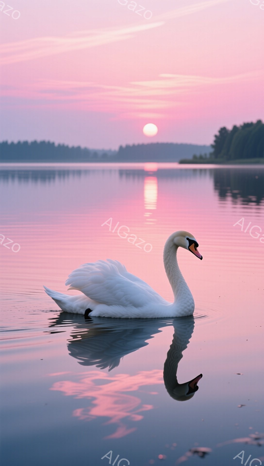白鳥が穏やかな水面を優雅に泳いでいる。夕焼けの光が水面に反射し、ピンクとオレンジ色の美しいグラデーションを描いている。背景には遠くの森林が見え、静かで穏やかな雰囲気が漂っている。