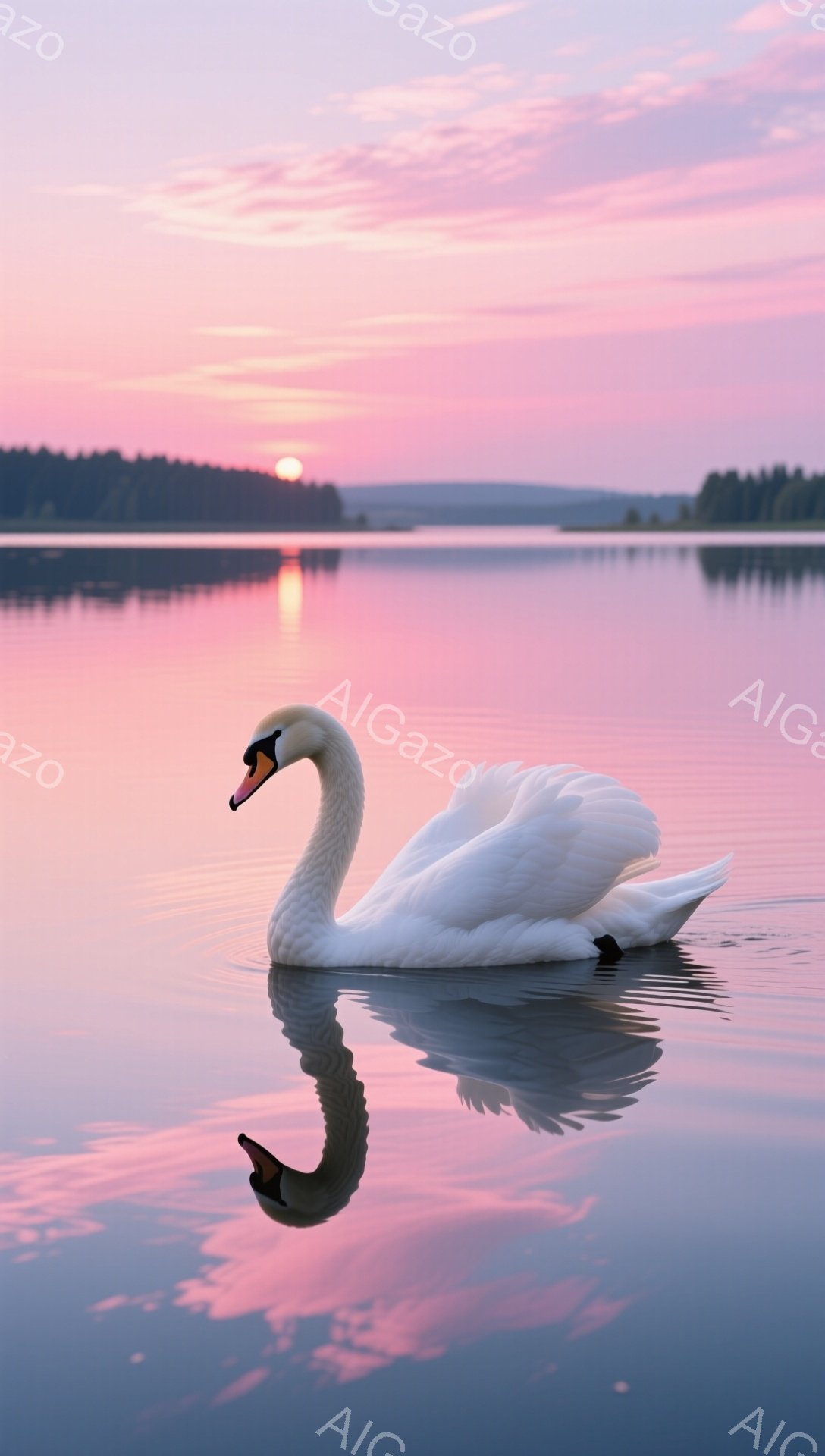 白い白鳥が穏やかな水面を優雅に泳いでいる。夕焼けが水面に反射し、ピンクとオレンジ色の美しいグラデーションが広がっている。背景には緑豊かな森が見え、静寂で平和な雰囲気が漂っている。