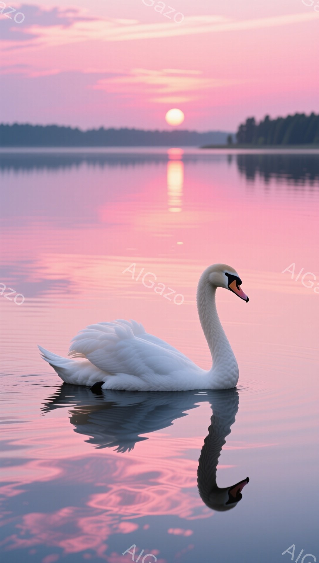 白鳥が穏やかな水面を優雅に泳いでいる。背景には夕焼け空が広がり、水面に美しいオレンジ色の光が反射している。静かで平和な雰囲気が感じられる。