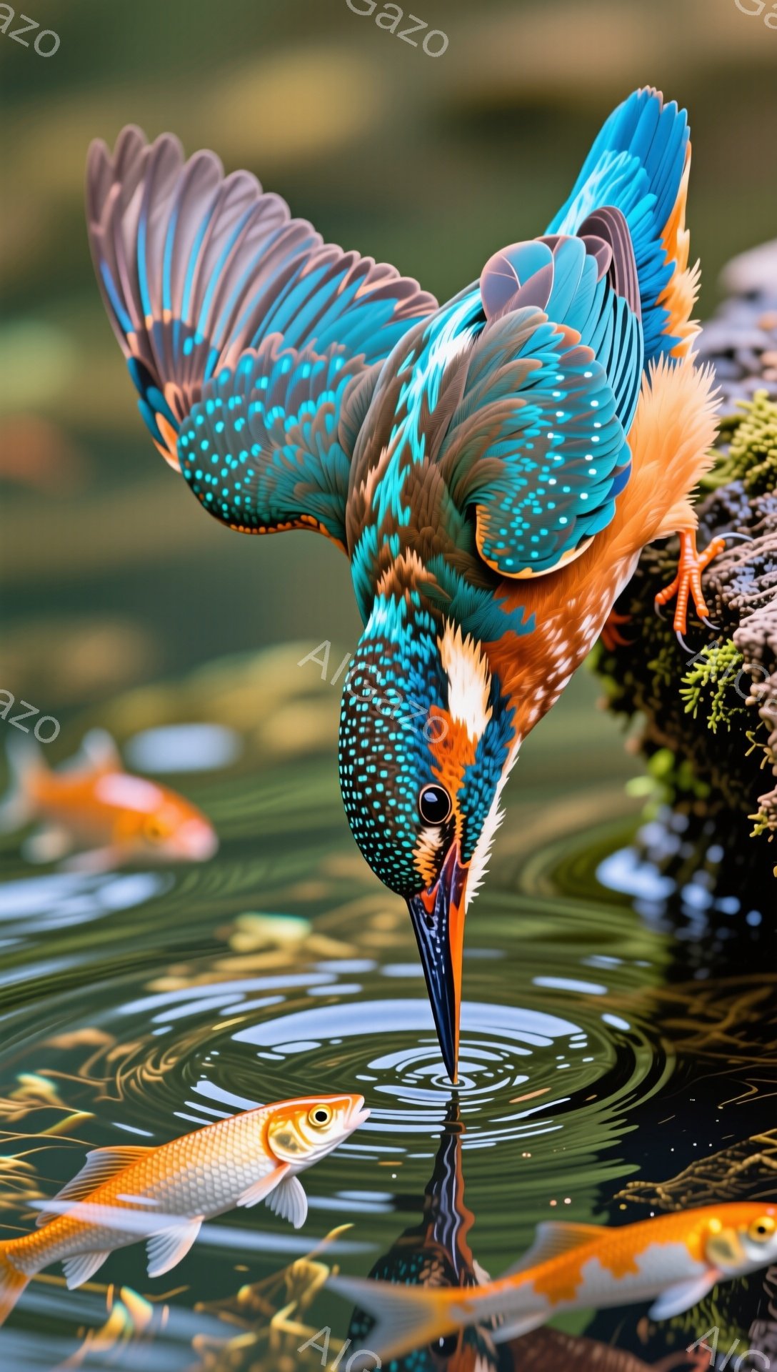 ショウベンチョウが水中に飛び込み、魚を捕らえようとしている瞬間を捉えた写真です。鮮やかな青、オレンジ、白の羽が印象的で、水面には波紋が広がっています。周囲には金色の鯉が泳ぎ、自然の躍動感が感じられます。