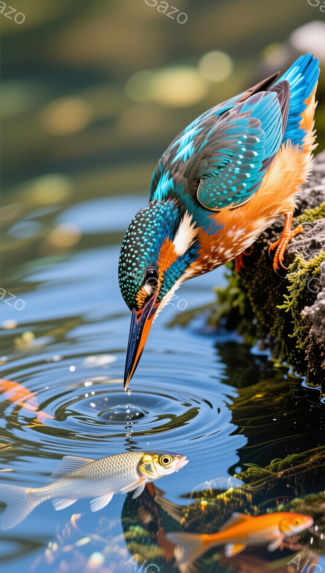 鮮やかな色のカワセミが、水中にいる魚を捕まえようとしています。羽を広げ、鋭い嘴で魚を狙う姿は、まるで宝石のように美しく、水面の波紋がその動きを強調しています。背景には緑豊かな自然が広がり、静かで穏やかな雰囲気が漂っています。