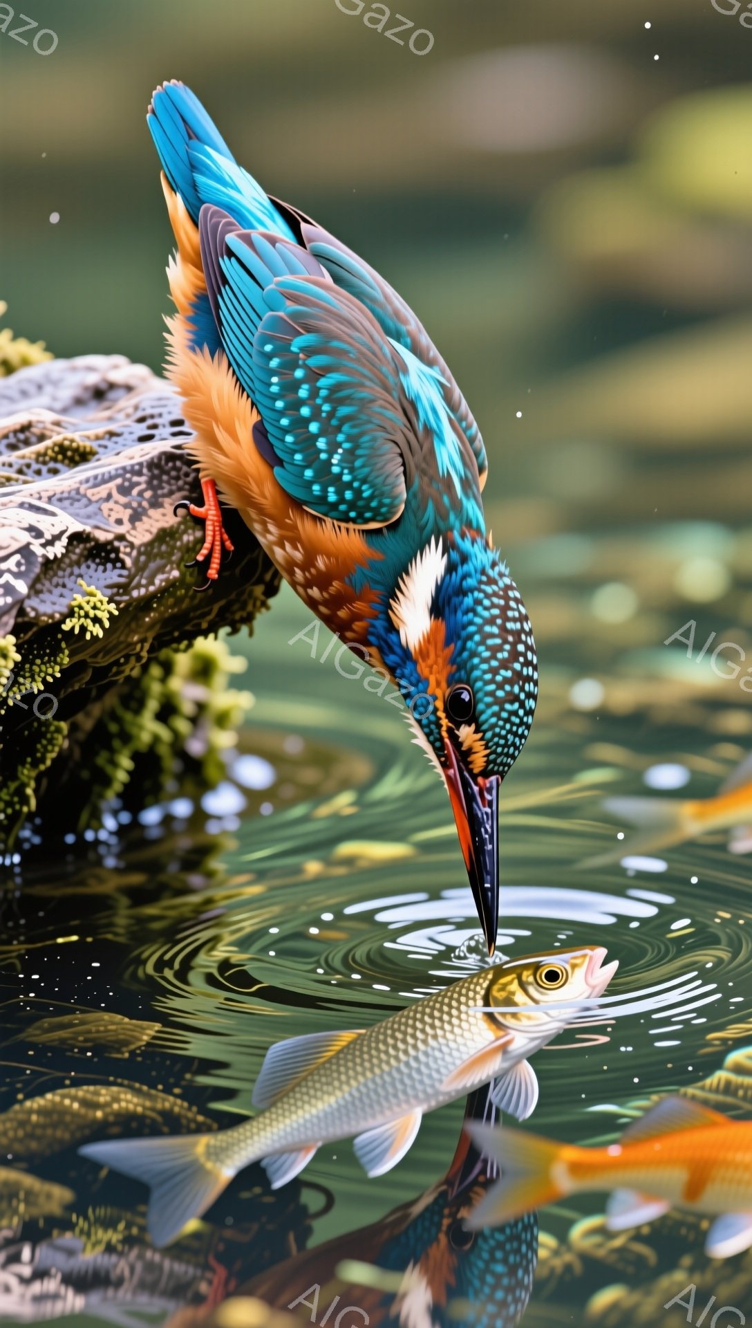 鮮やかな青い鳥が、水中で捕らえた魚をくちばしで挟んでいます。水面には波紋が広がり、背景には緑豊かな植物が見えます。活気のある自然の瞬間を捉えた、美しい写真です。