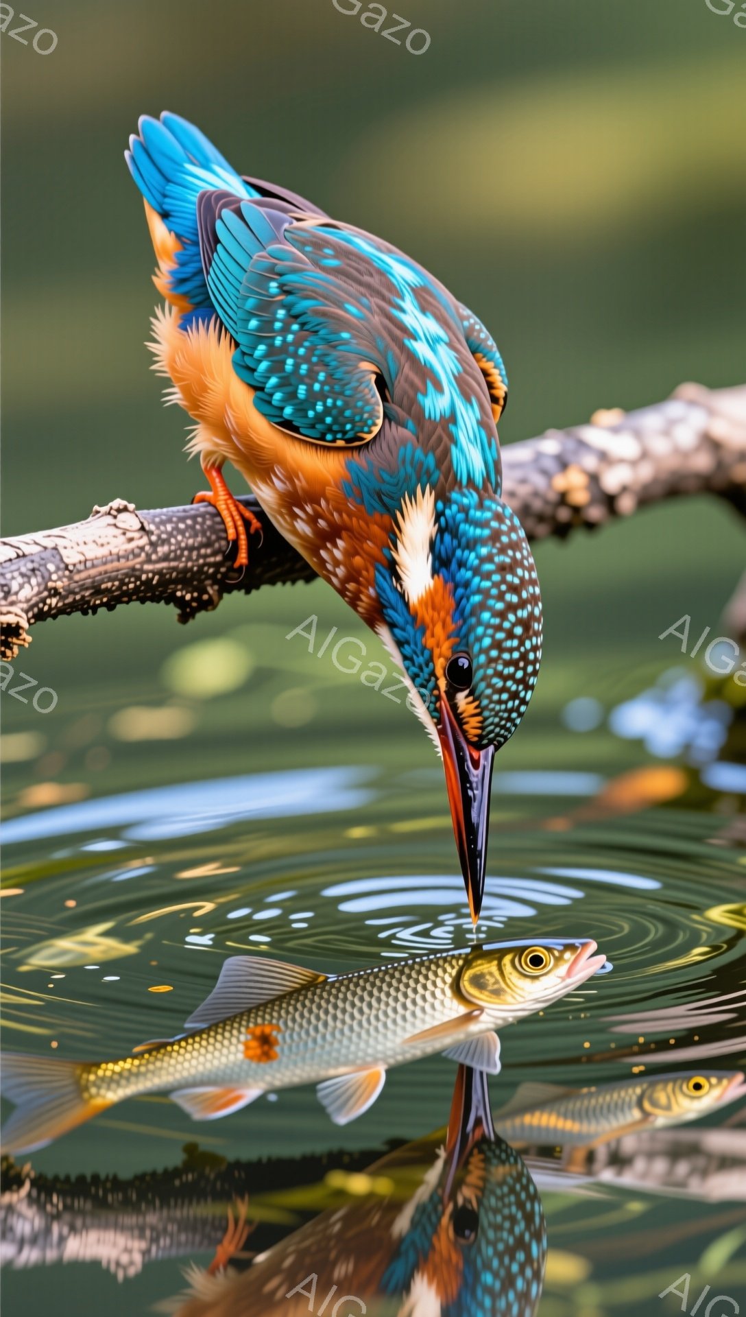 鮮やかな色のカワセミが、水面に捕らえた魚をくちばしでしっかりと掴んでいます。水面の波紋と、その反射が美しい光景を作り出しており、自然の力強さと静けさが感じられます。背景は緑豊かな自然で、カワセミの鮮やかな色彩が際立っています。