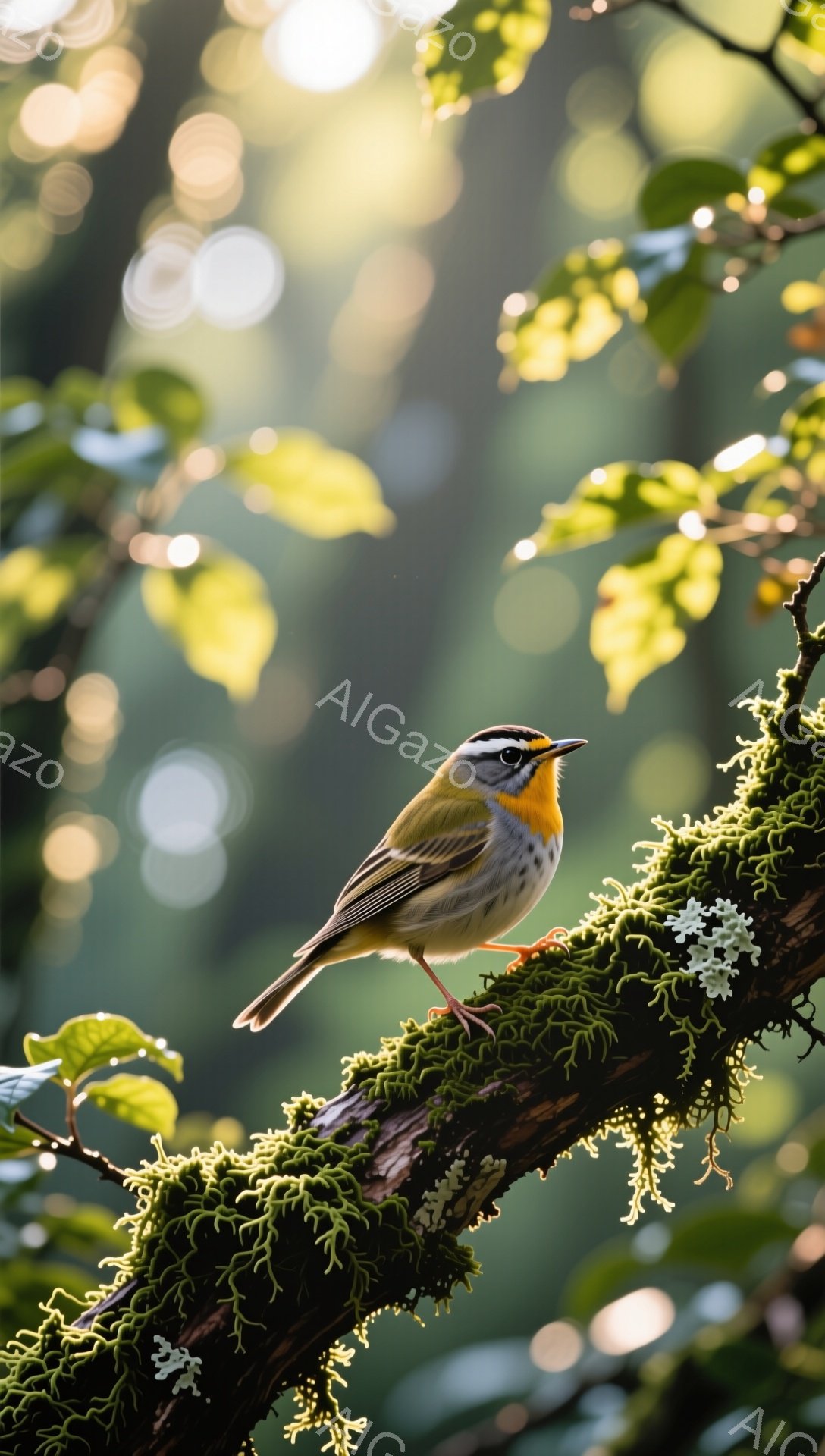 明るい日差しの中で、緑豊かな苔むした枝にとまる小鳥が描かれている。その鳥は鮮やかな黄色の胸と、白と黒の模様の顔を持っており、背景にはぼやけた緑の葉が広がっている。光と影のコントラストが、穏やかで自然な雰囲気を醸し出している。