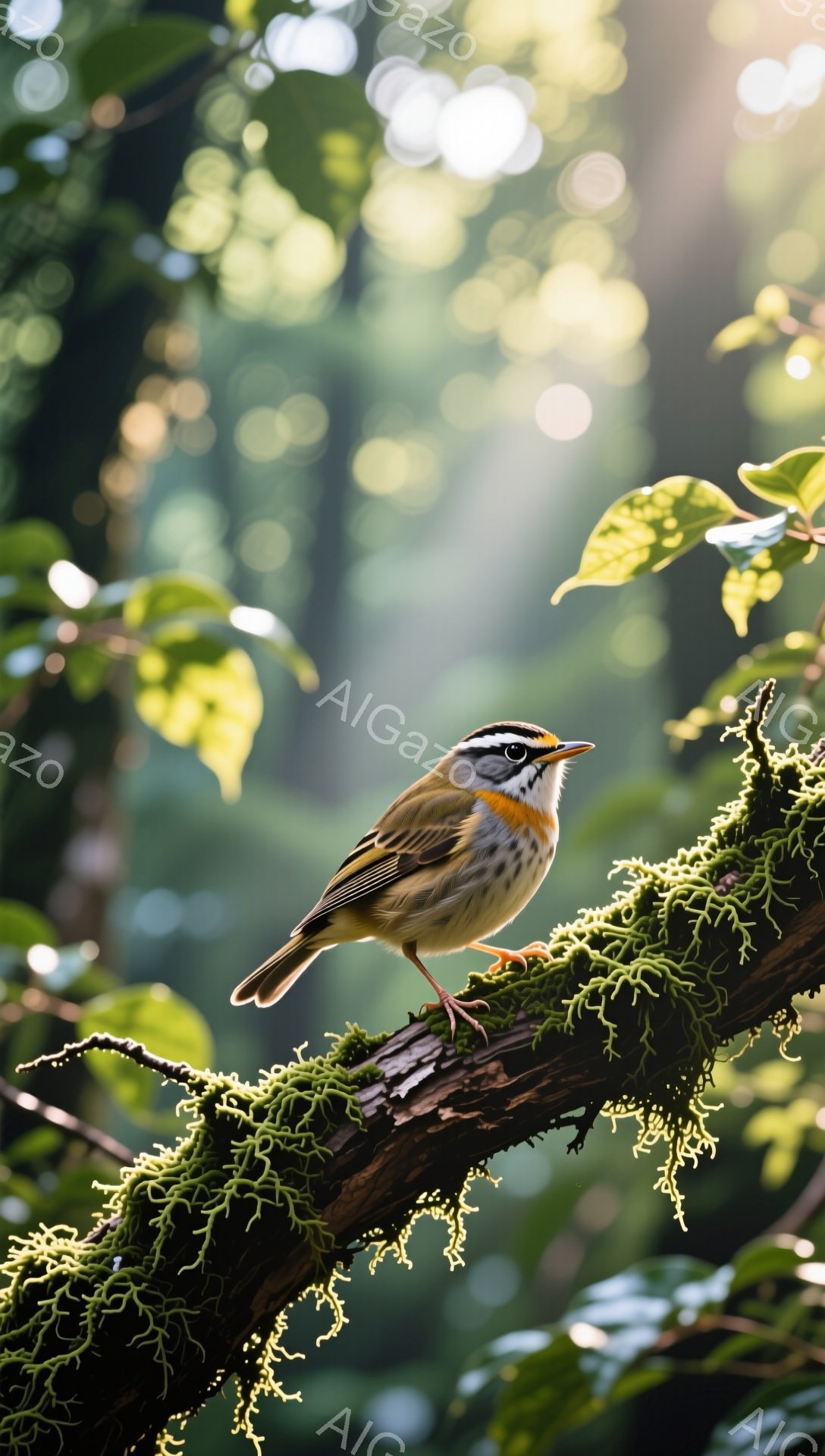 緑豊かな背景に、小さな鳥が苔むした木の枝にとまっています。鳥は茶色と白の模様で、鮮やかなオレンジ色の喉が印象的です。背景はぼやけており、自然の温かさと静けさを感じさせます。 - AI生成フリー素材
