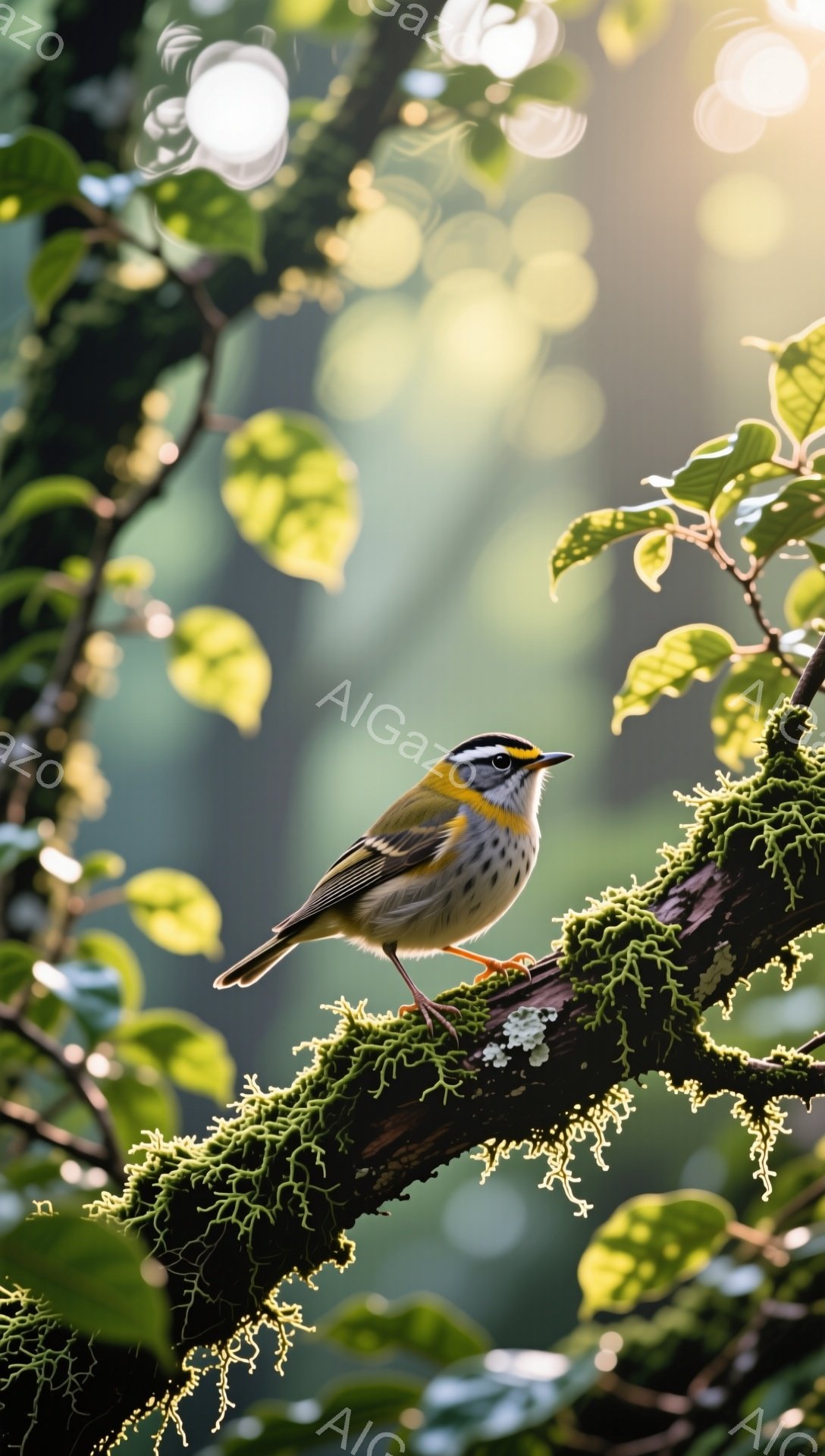 明るい緑の苔に覆われた枝に、鮮やかな黄色の胸を持つ小さな鳥がとまっている。背景は緑の葉っぱと太陽光でぼかされており、柔らかく穏やかな雰囲気を作り出している。鳥の姿は、自然の美しさと静けさを象徴している - AI生成フリー素材