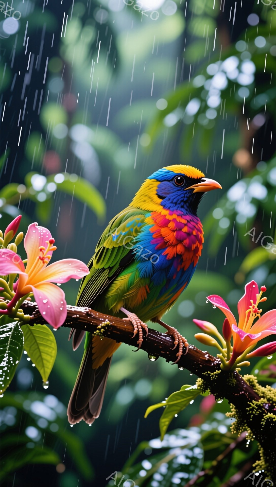 色鮮やかな鳥が雨の中、鮮やかなピンク色の花が咲き乱れる木の枝にとまっている。雨粒が葉や花びらを濡らし、背景は緑豊かで熱帯雨林のような雰囲気である。鳥は鮮やかな虹色の羽を持ち、雨に打たれながらも毅然とした姿を見せている。