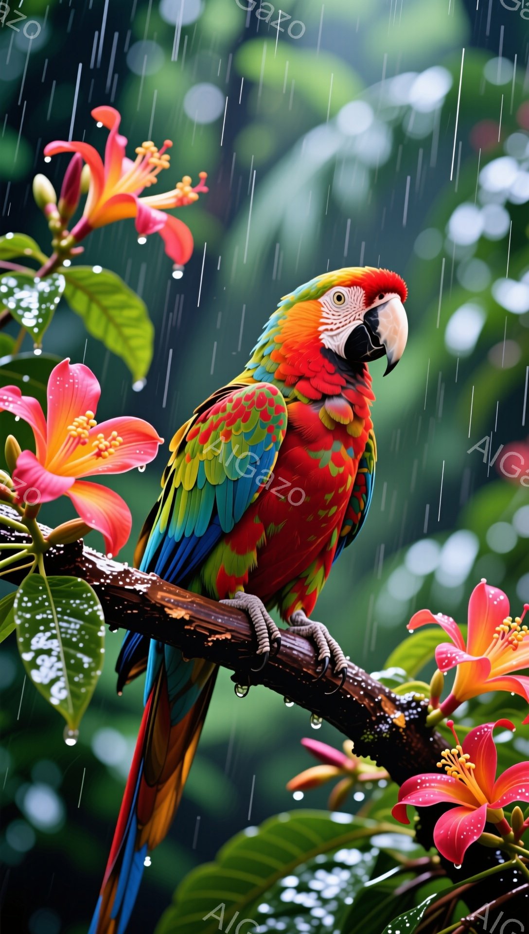 色鮮やかなコンゴウインコが、雨に濡れた枝にとまっている。背景には赤い花が咲き乱れ、熱帯雨林の雰囲気を醸し出している。雨粒が葉や羽に光り、生き生きとした様子が伝わる。