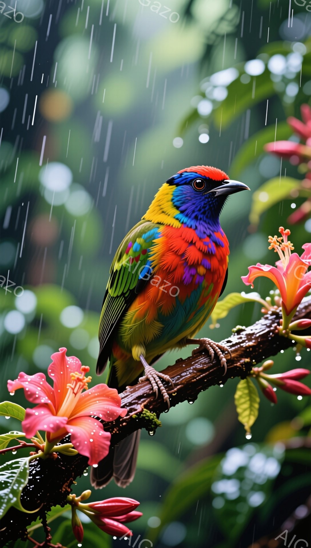 色とりどりの羽を持つ美しい鳥が、赤いハイビスカスの花が咲く枝にとまっている。雨が降り注ぎ、背景は緑豊かな熱帯雨林で、湿った雰囲気が漂っている。鳥の鮮やかな色彩と花とのコントラストが印象的だ。