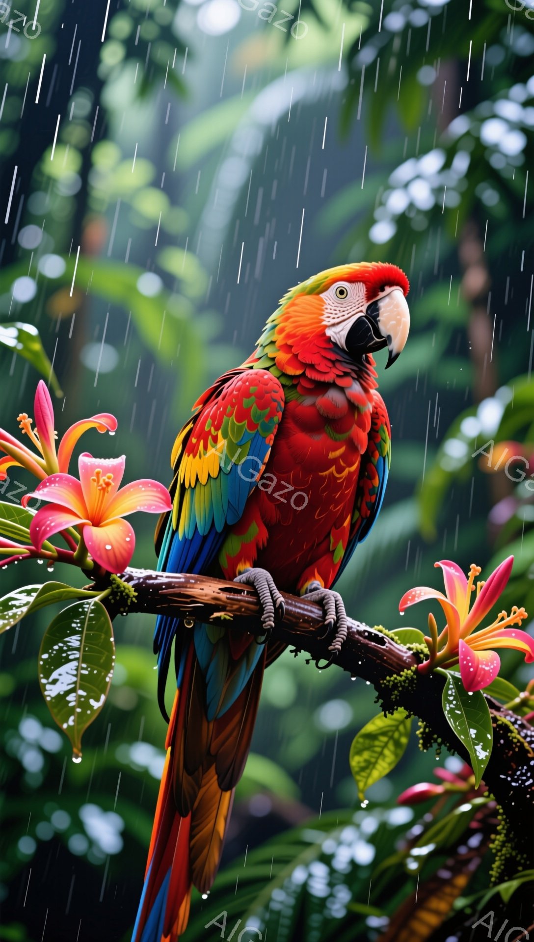 色鮮やかなコンゴウインコが、雨に濡れた枝にとまっている。背景には緑豊かな植物とピンク色の花が咲き乱れ、熱帯雨林の雰囲気を醸し出している。雨粒が葉や羽に光り、生き生きとした様子が伝わる。