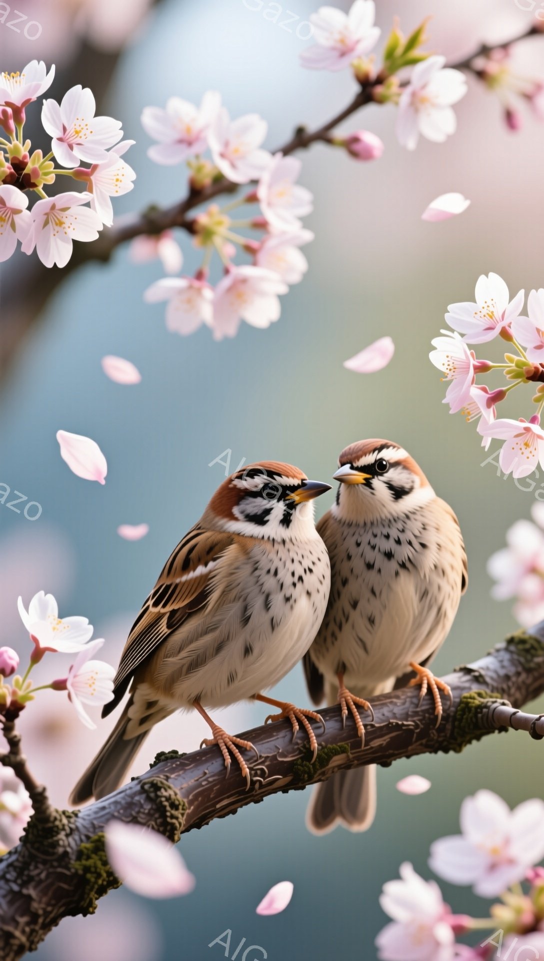 桜の枝に寄り添うスズメのペアが描かれています。優しい光が差し込み、春の穏やかな雰囲気を醸し出しています。舞い散る桜の花びらが、二羽の鳥の愛情をさらに引き立てています。