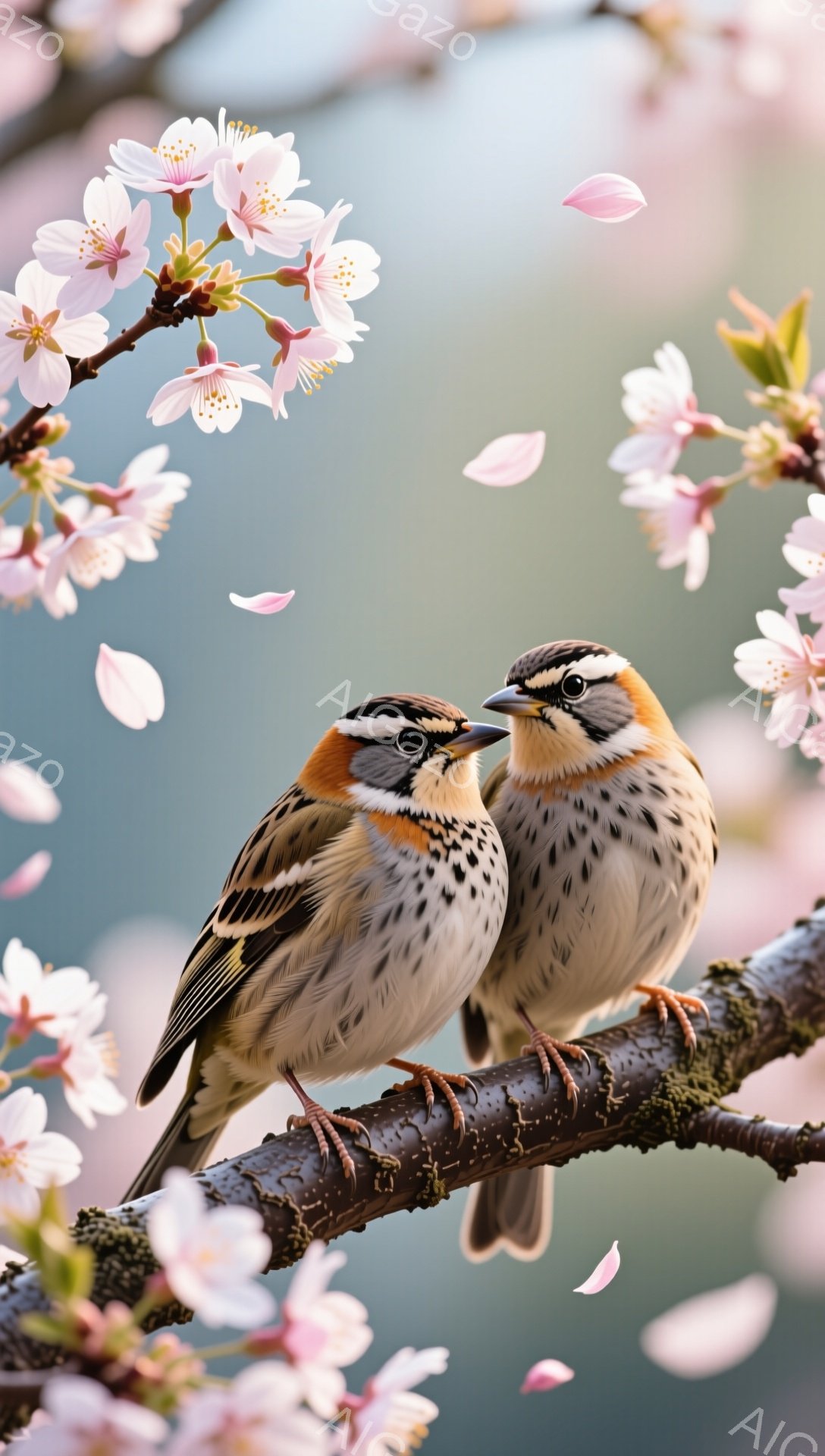 春の桜の枝に寄り添う二羽の鳥が描かれています。ピンク色の花びらが舞い散る中で、鳥たちは互いに向き合い、穏やかな春の情景を表現しています。背景はぼやけており、鳥たちに焦点が当てられています。