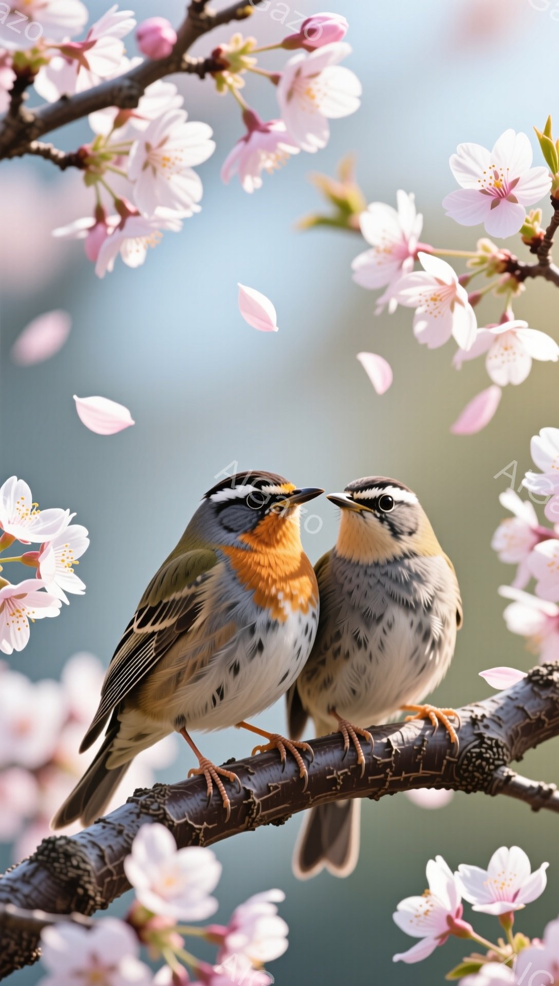 桜の枝に寄り添うように二羽の鳥が止まっています。ピンク色の桜の花びらが舞い、春の穏やかな雰囲気を演出しています。鳥たちは互いに向き合い、仲睦まじい様子が印象的です。